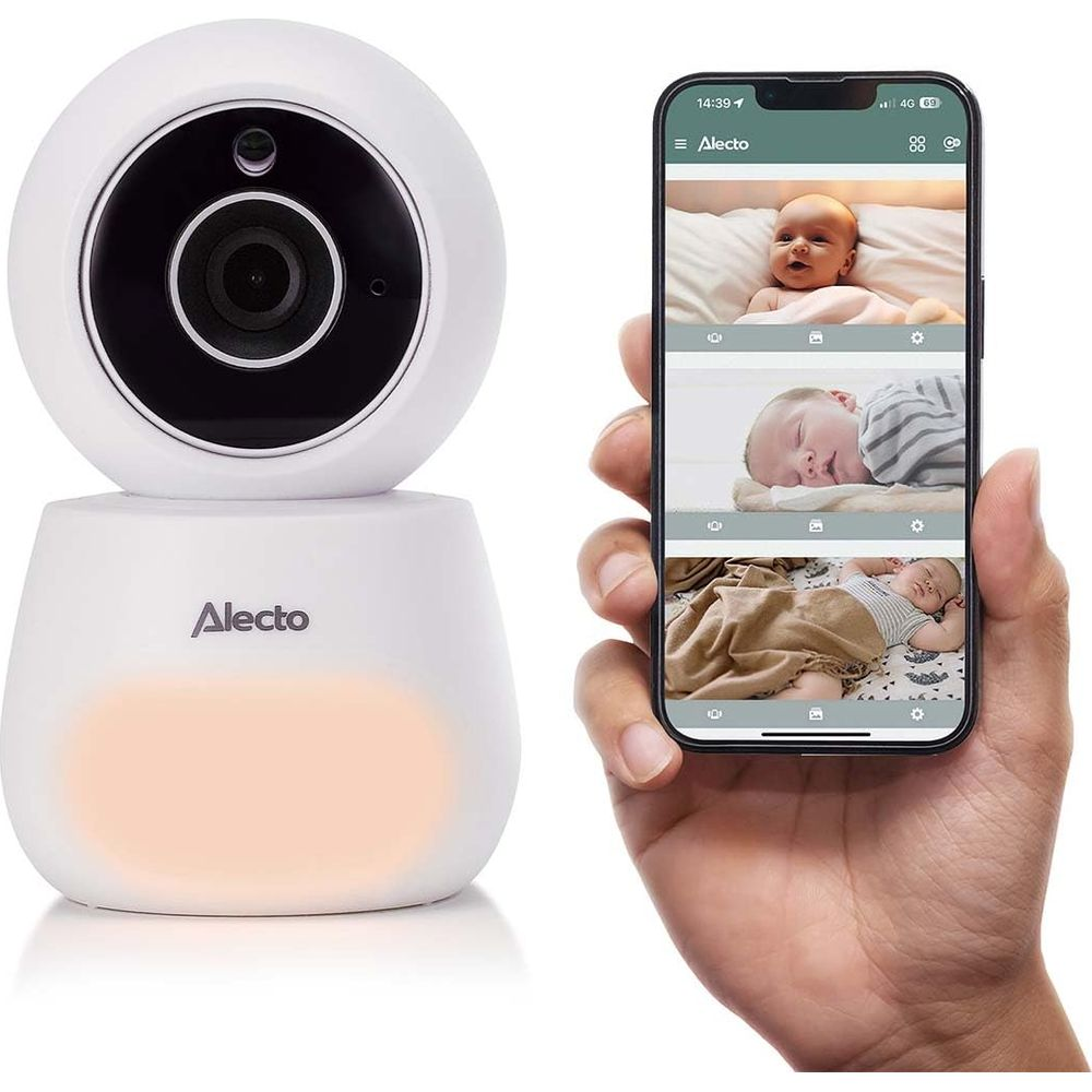 Ein weißer Baby Monitor mit Kamera und ein Smartphone, das drei Babys zeigt.