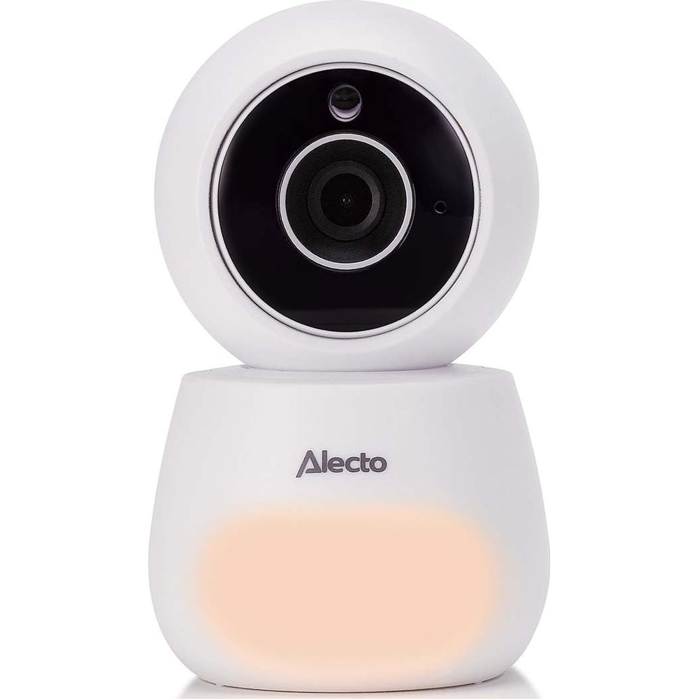 Ein weißes Babyphone mit Kamera, beleuchteter Basis und Alecto-Logo.