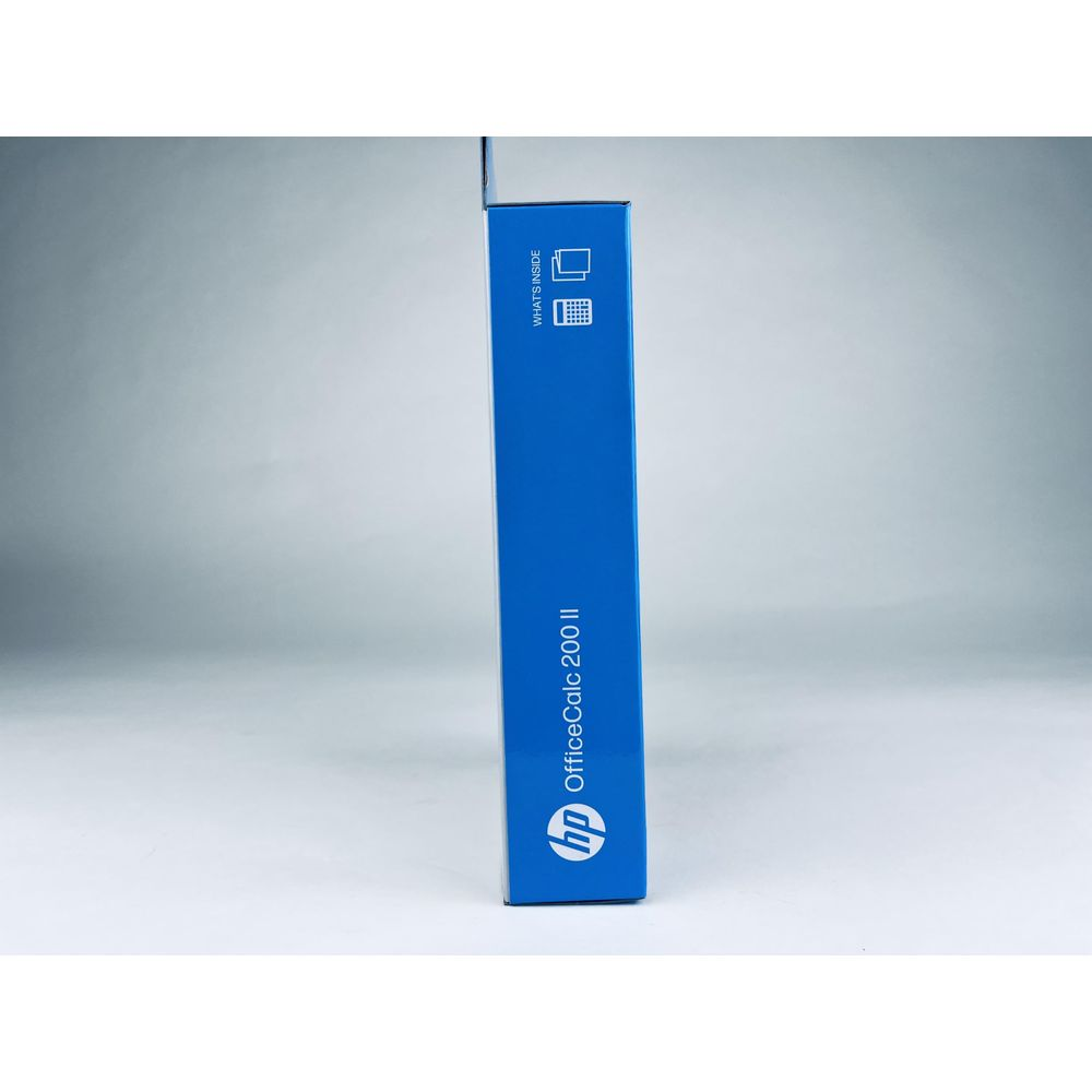 Scatola blu con logo e icone HP OfficeCalc 200 II.
