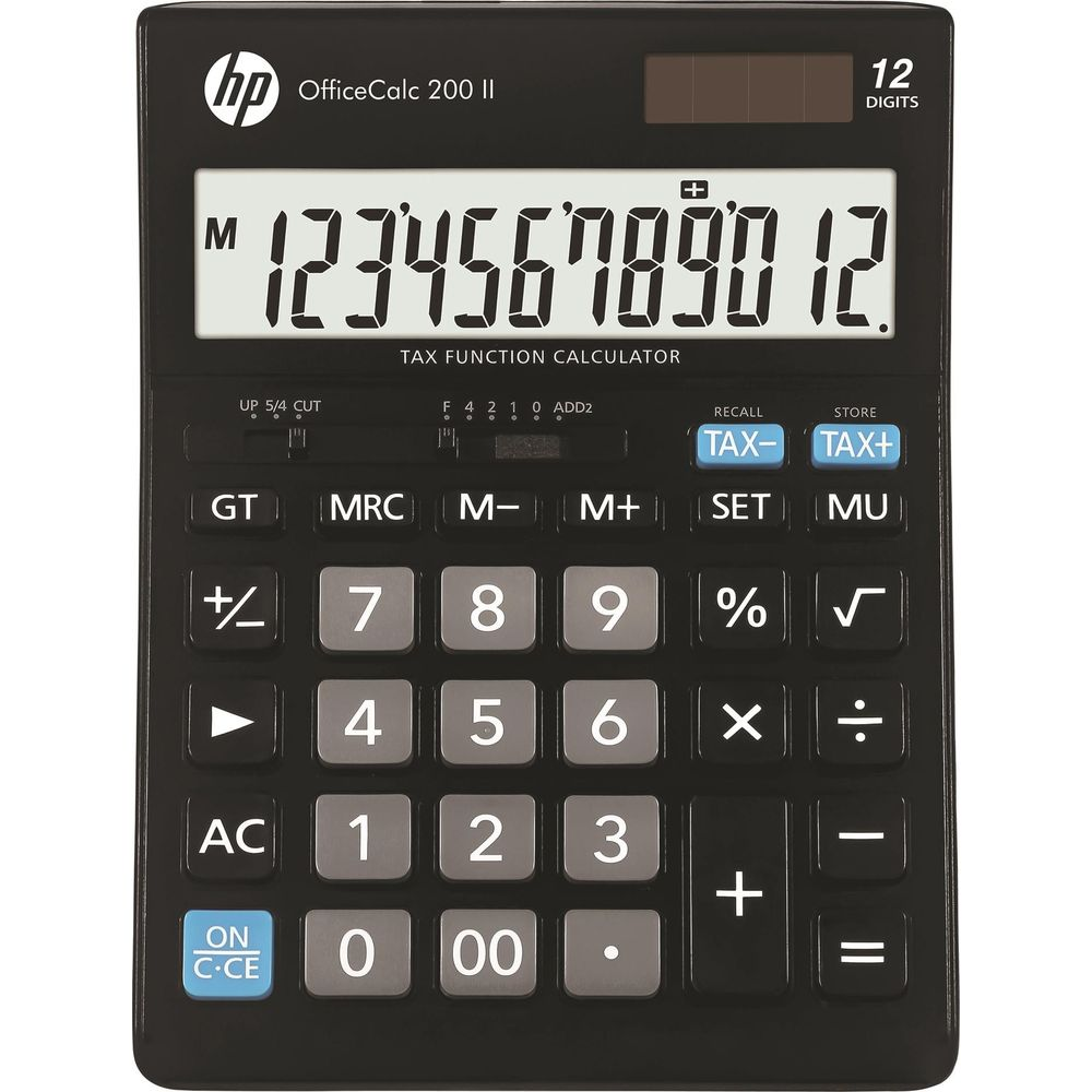 Calcolatrice nera HP OfficeCalc 200 II funzione fiscale con ampio display che mostra numeri.