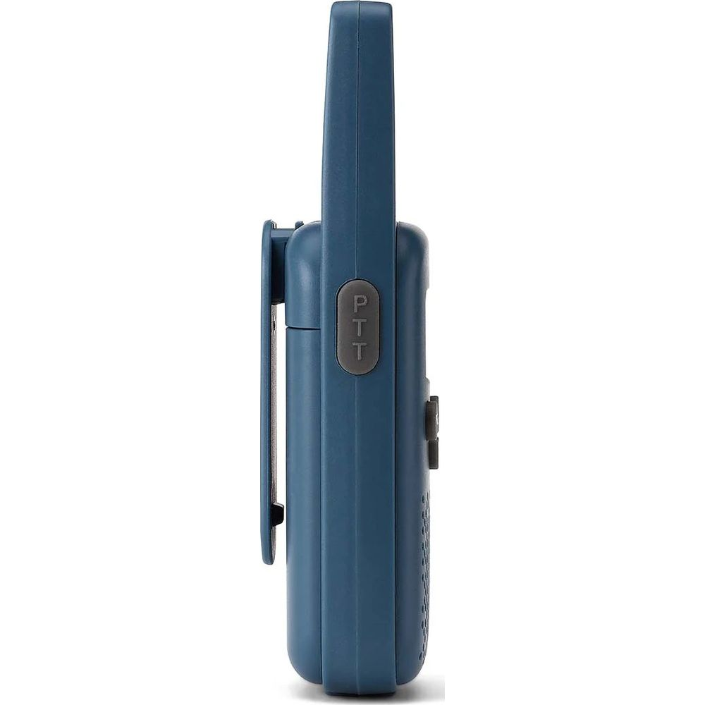 Een blauwe portofoon met riemclip en PTT-knop.