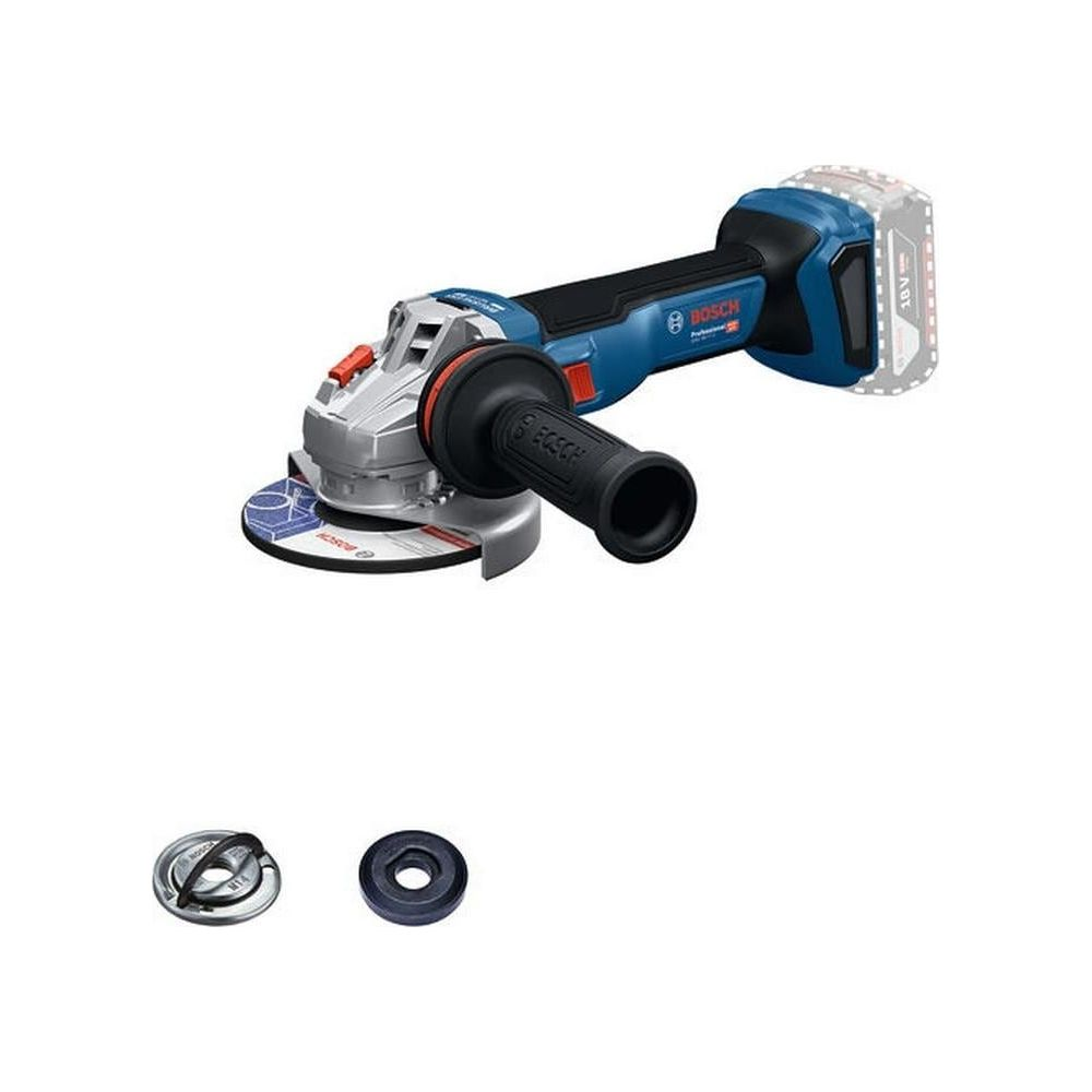Smerigliatrice angolare blu e argento con manico e batteria.