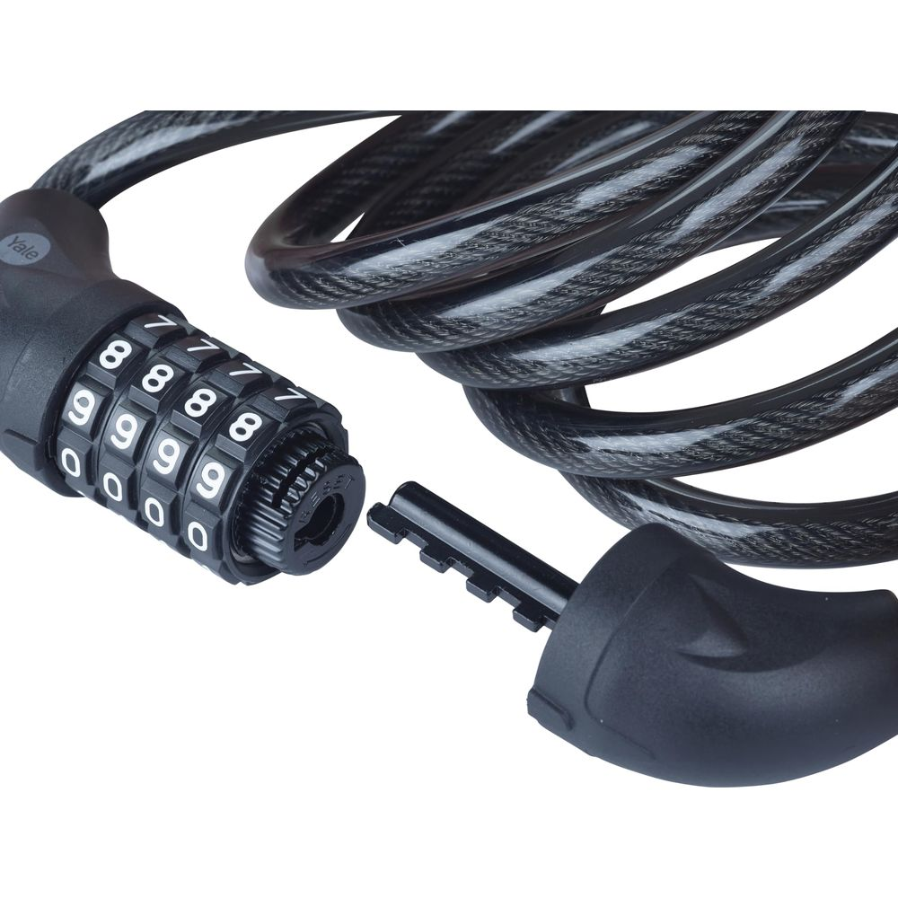 Schwarzes Zahlenschloss mit Kabel und Schlüssel. Zahlen sind 8, 9, 0.
