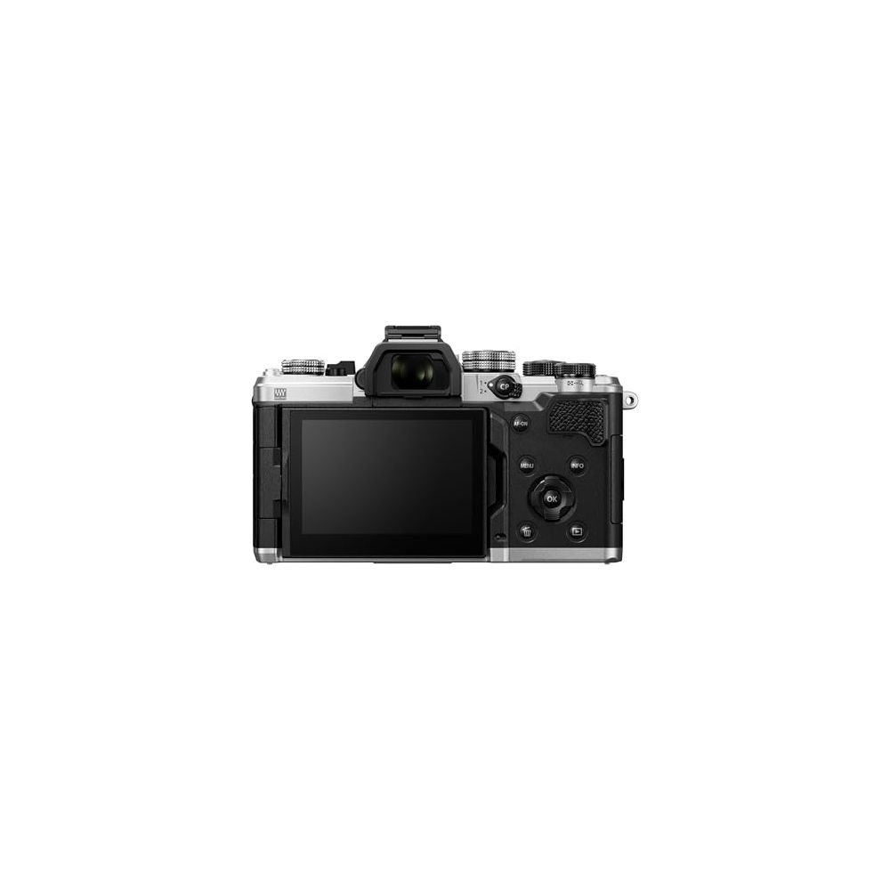 Vista posteriore di una fotocamera digitale argento con schermo LCD e pulsanti di controllo.