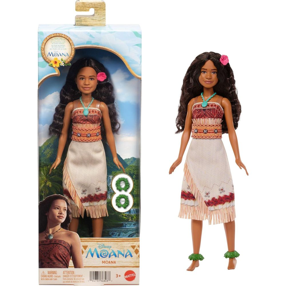 Moana-Puppe in Box, rechts eine zweite Puppe. Beide tragen Stammesoutfits.