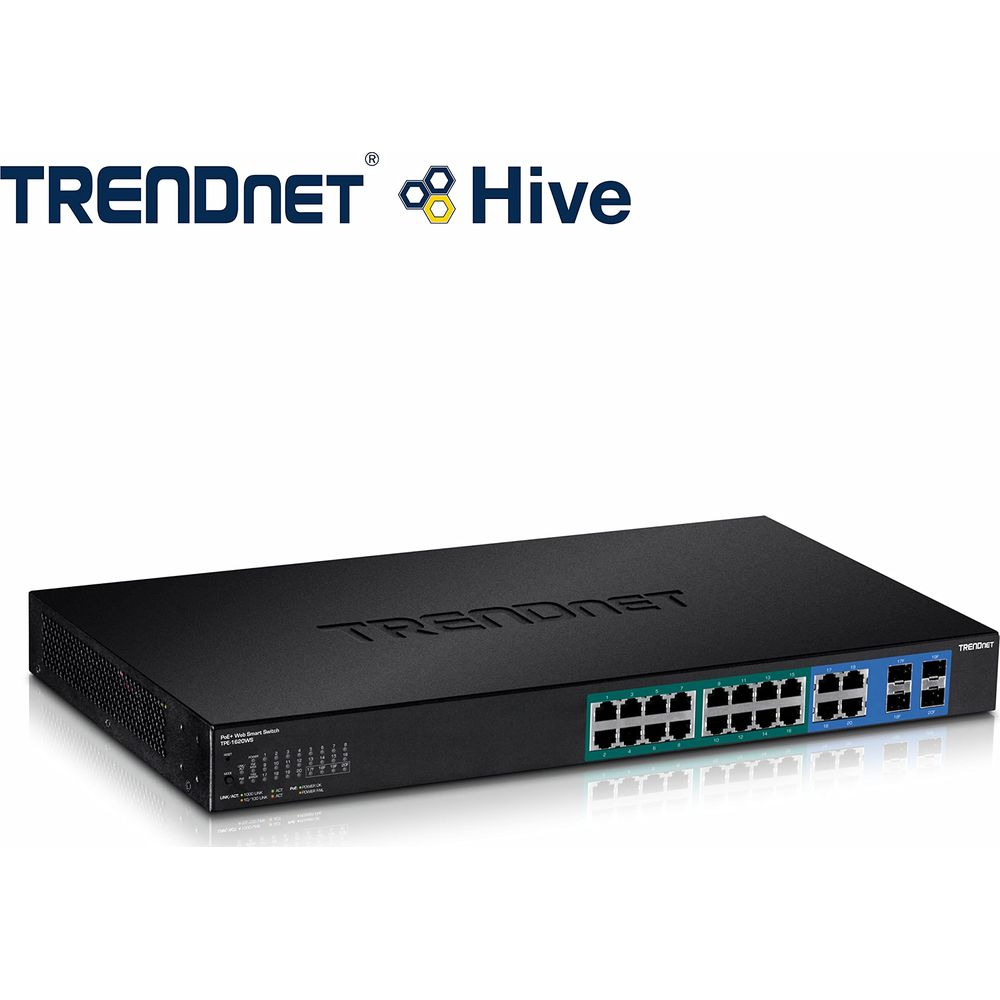 Schwarzer Netzwerk-Switch mit 24 Anschlüssen und TRENDnet Hive Logo.