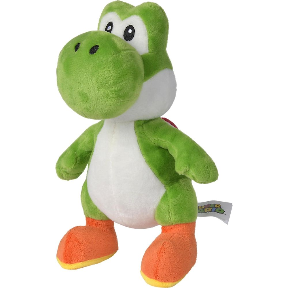 Grüner Yoshi-Plüsch mit weißem Bauch, orangefarbenen Schuhen und rotem Schild.