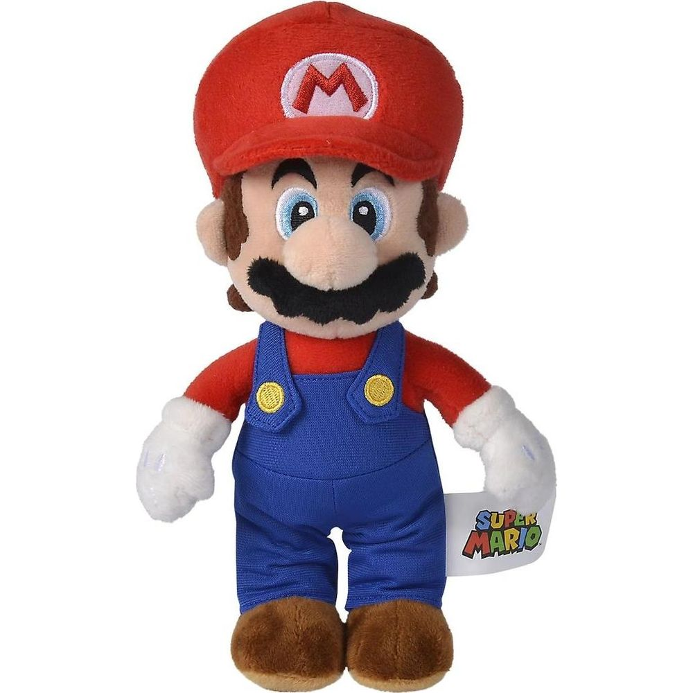 Plüschfigur von Mario mit roter Mütze, blauer Latzhose und weißer Weste.