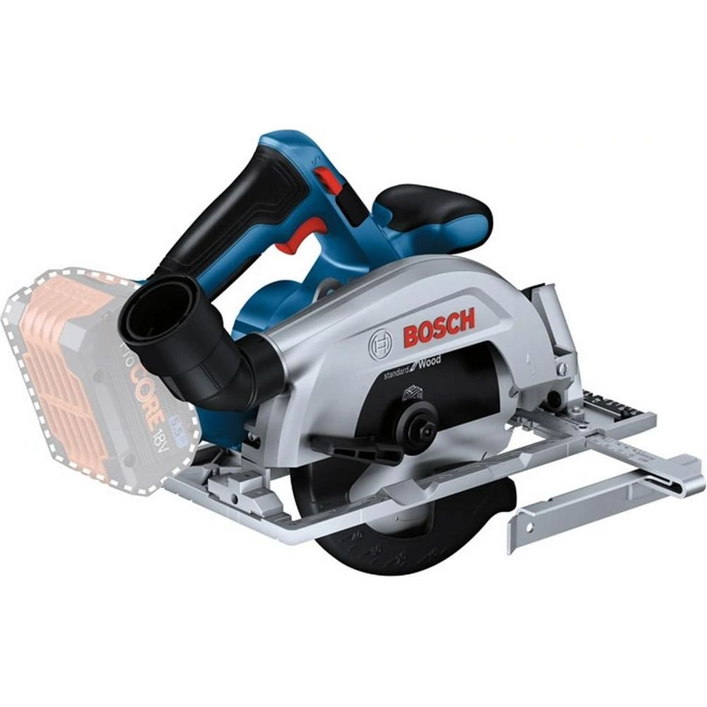 Una sega circolare Bosch con manico blu, corpo argentato e lama.