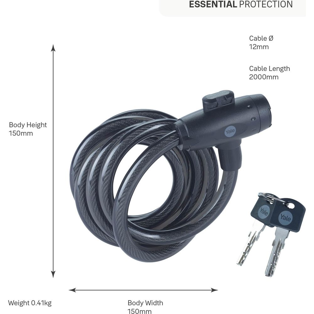 Lucchetto Yale nero per bici con due chiavi. Dimensioni indicate.