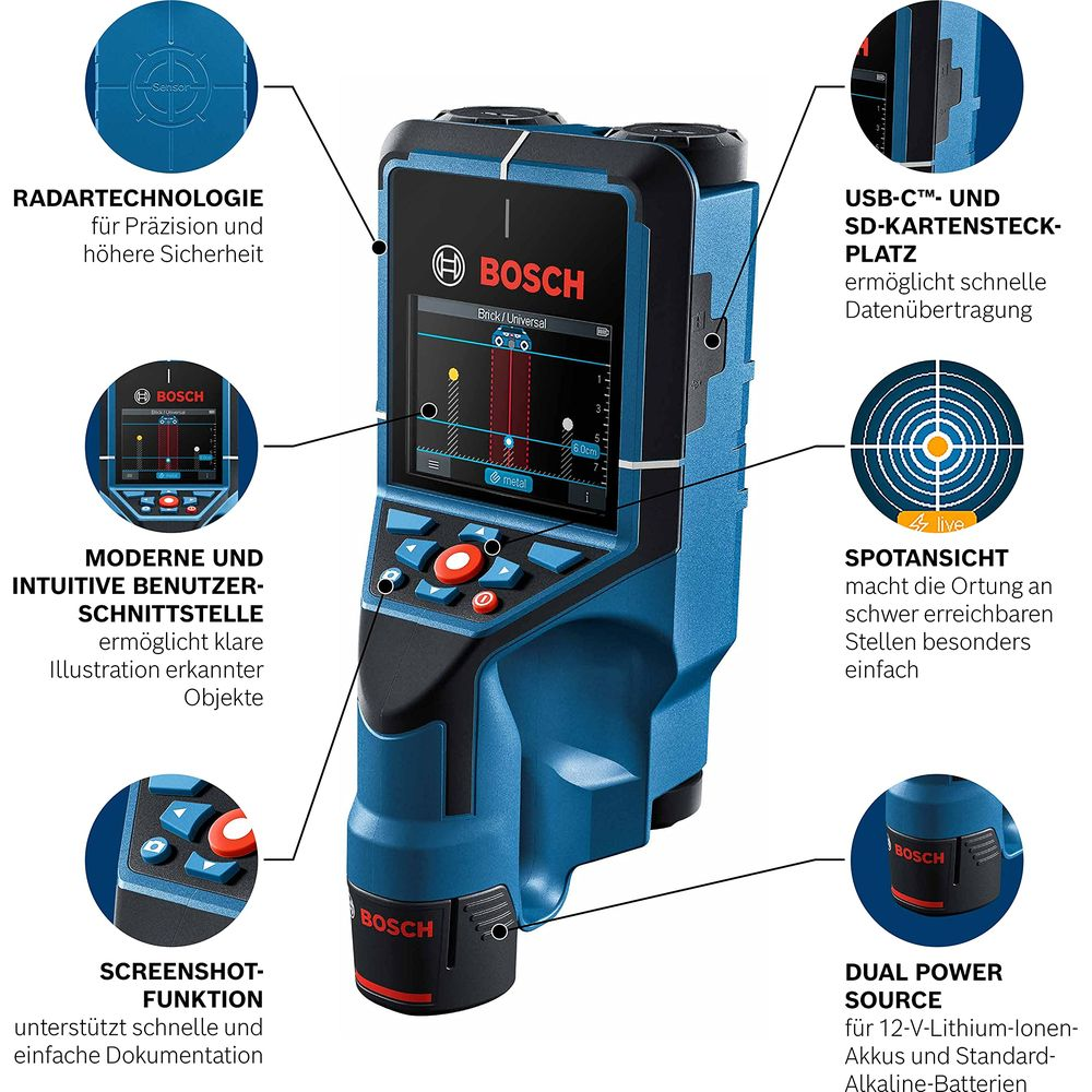 Blauer Bosch Detektor mit Bildschirm, Beschriftungen zu Radar, UI, USB, Spotansicht, Screenshot, Dual Power.