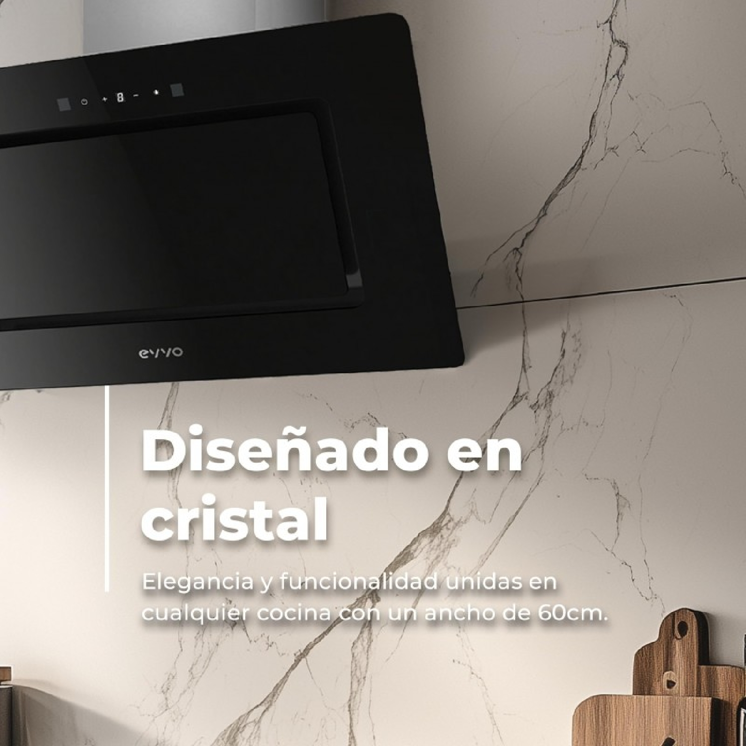 Una cappa aspirante nera con pannello touch su motivo marmorizzato.