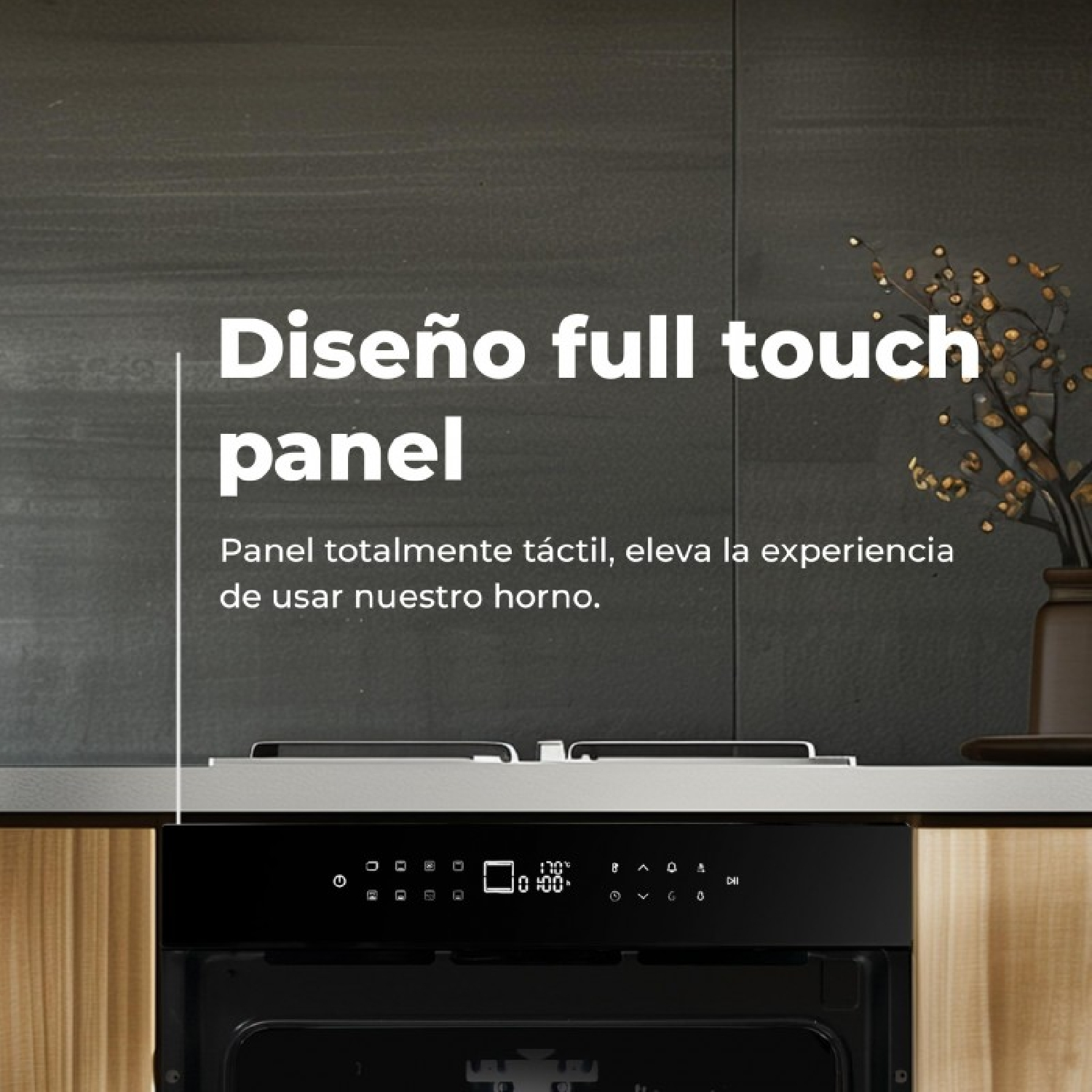 Pannello di controllo nero del forno con touchscreen e display digitale dell'ora.