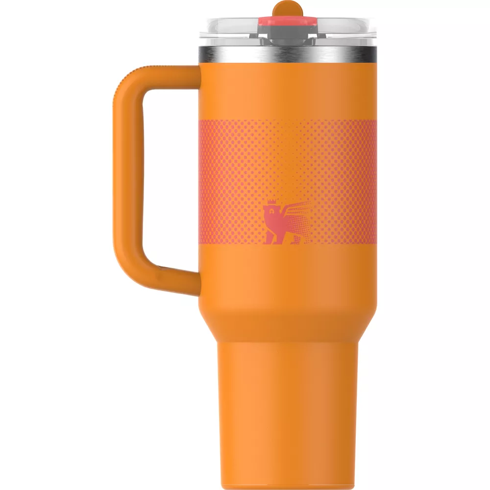 Kulplu turuncu bardak ve desen. Logo detayı.
