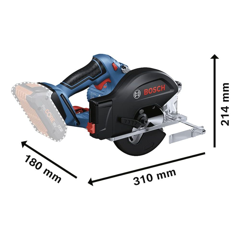 Bosch Akku-Kreissäge mit 18V ProCORE Akku, 310mm Breite, 214mm Höhe.