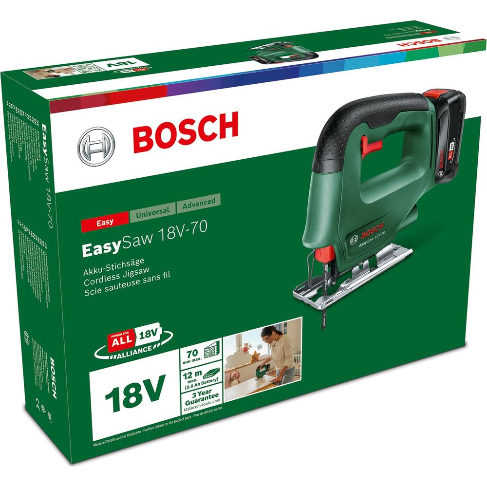 Grüne Bosch Stichsäge mit schwarzem Griff und Akku auf Kartonverpackung.
