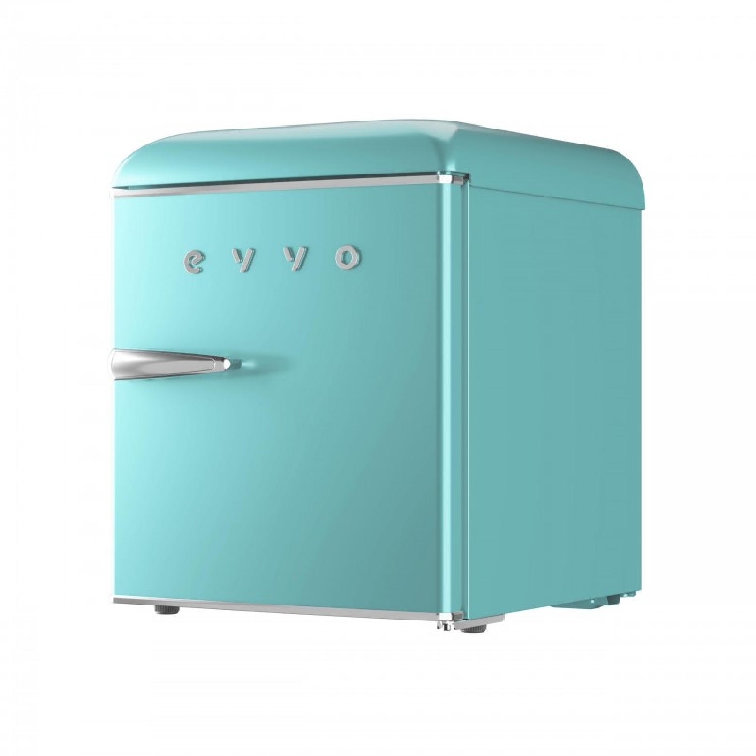 Un pequeño frigorífico de color turquesa con asa plateada y el nombre de la marca 'eyvo'.