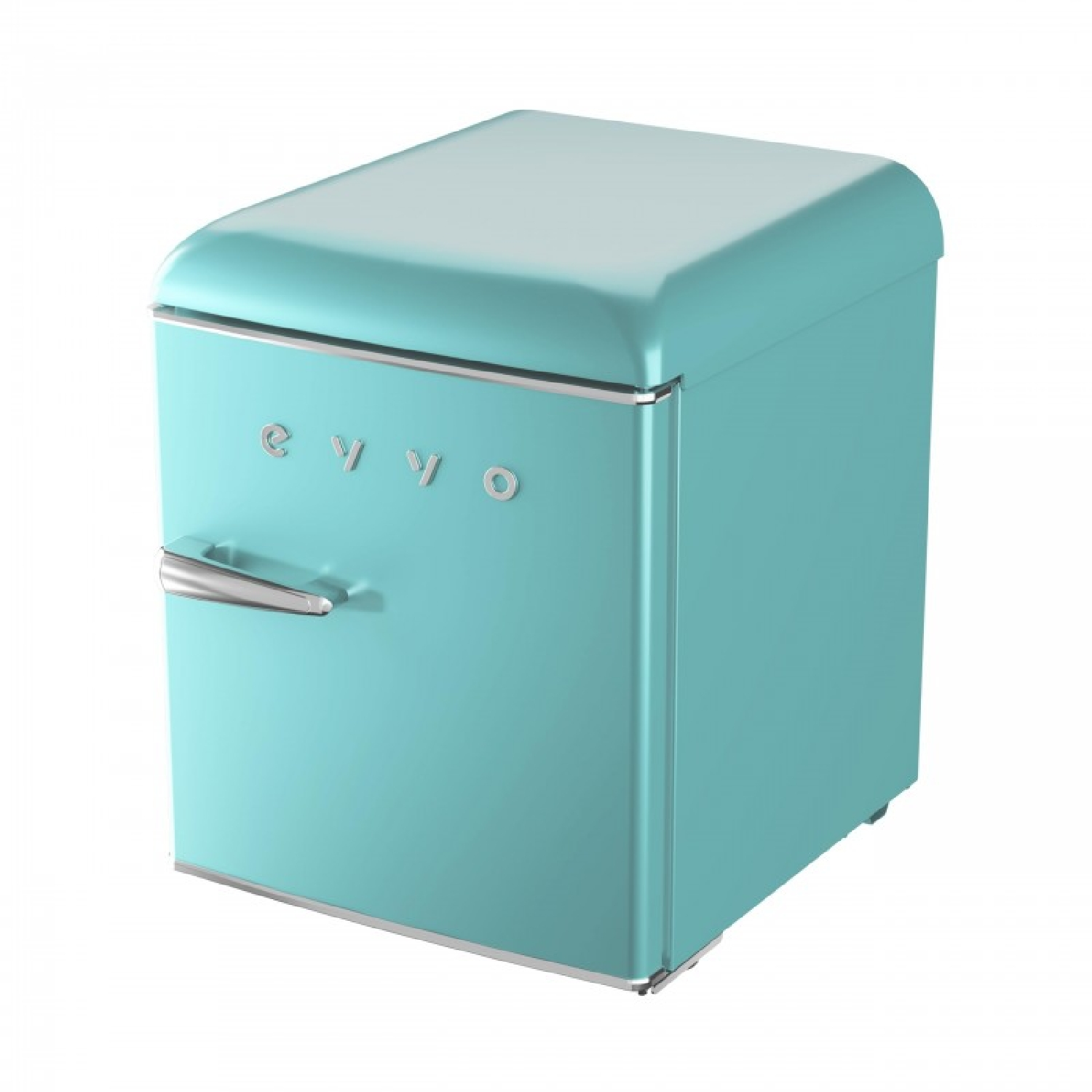 Un refrigerador pequeño, turquesa, estilo retro con asa cromada.