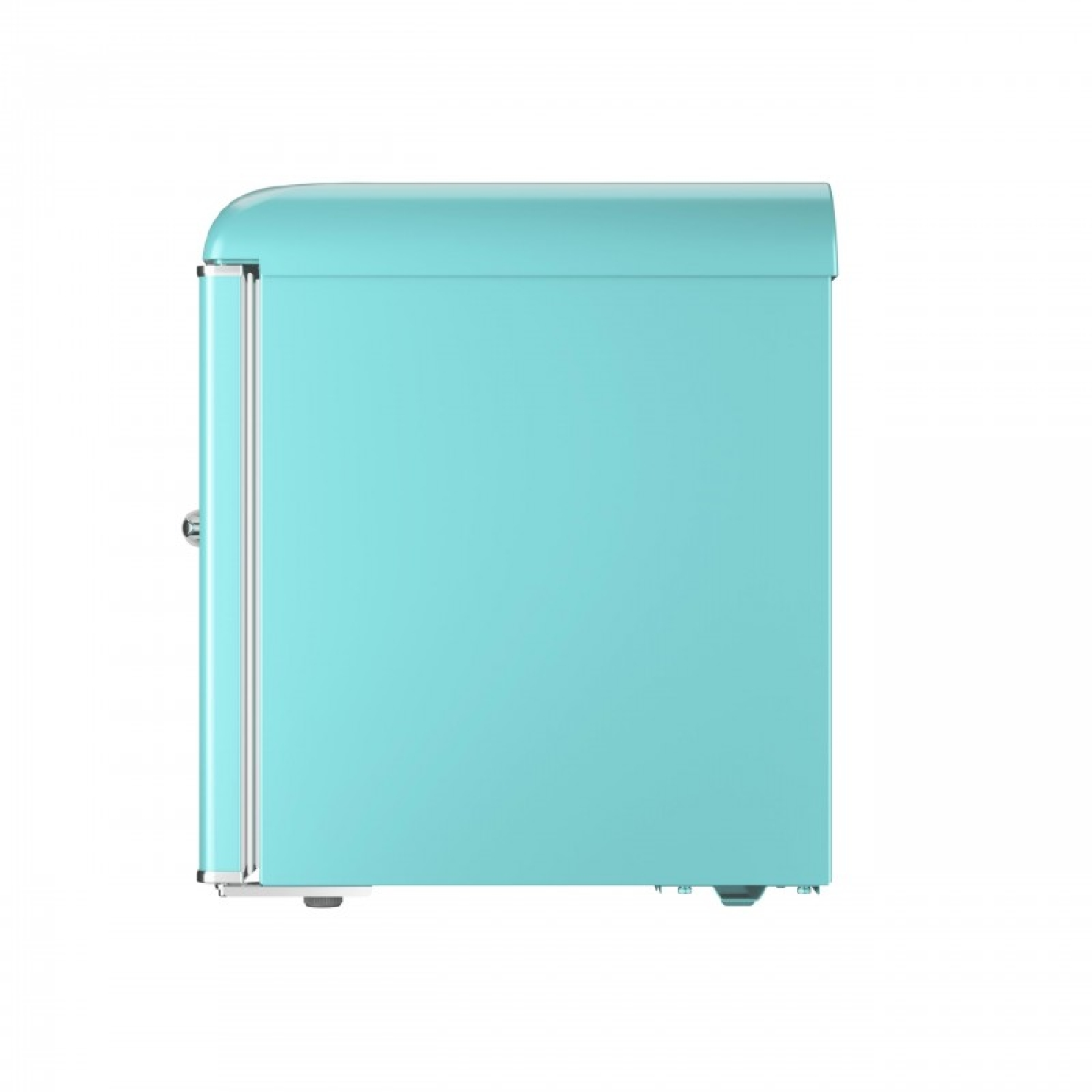 Un refrigerador de color turquesa visto de lado con detalles plateados.