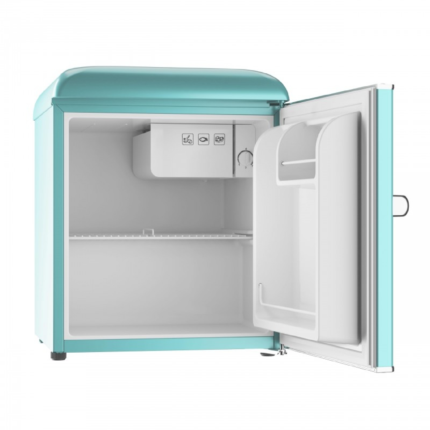 Un refrigerador turquesa abierto con estantes y un compartimento.