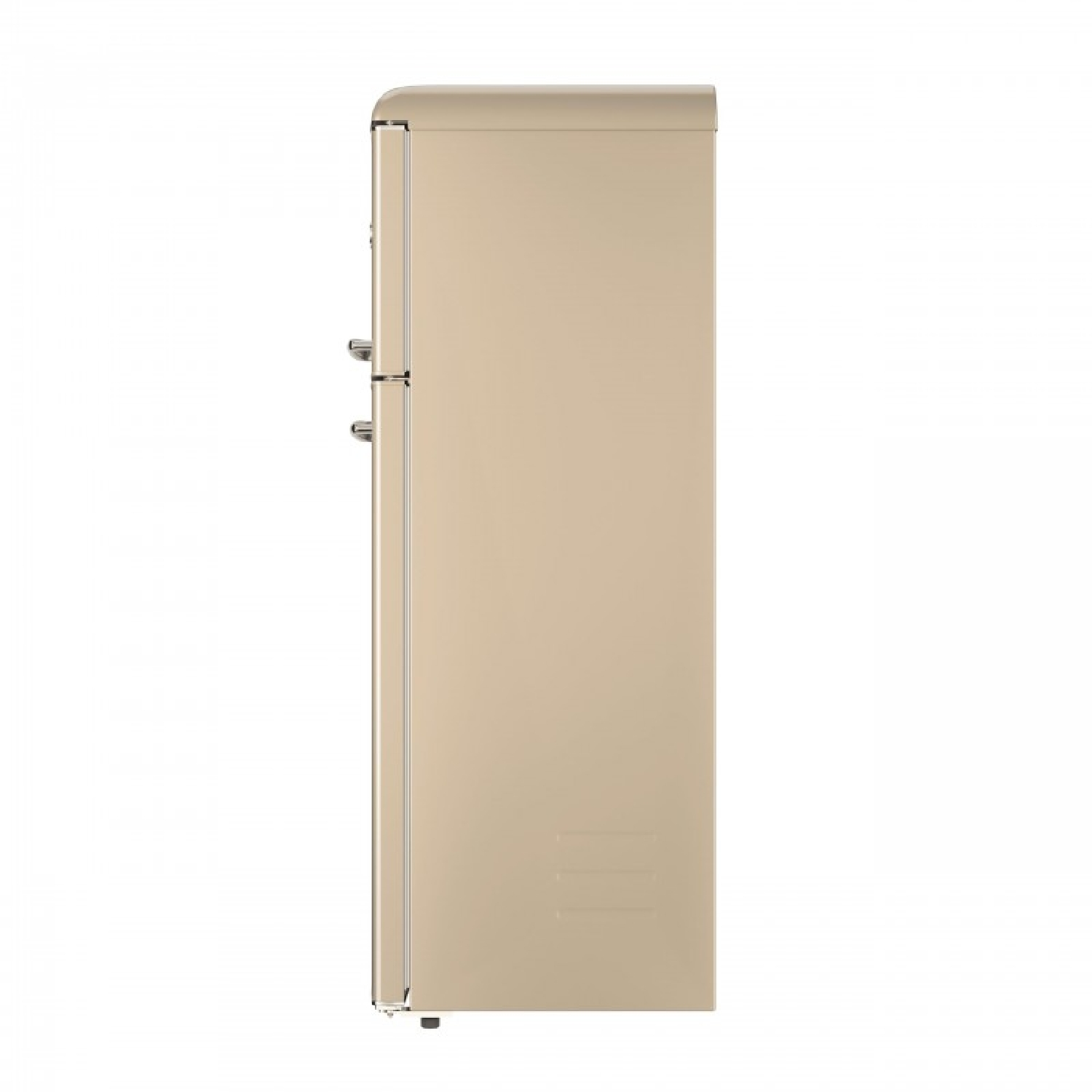 Refrigerador beige con tiradores cromados, visto de lado.