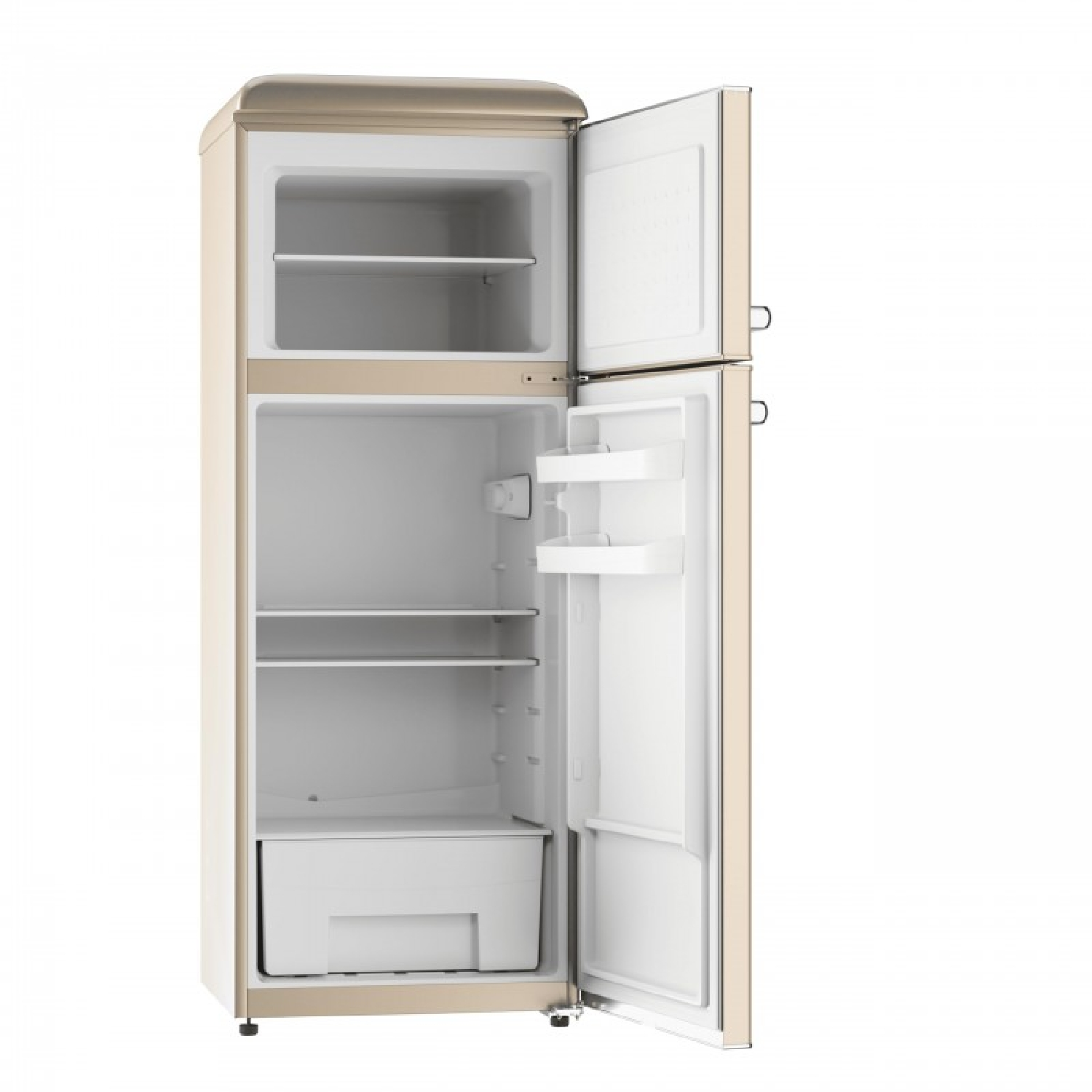 Un refrigerador abierto de color crema con dos puertas y estantes.