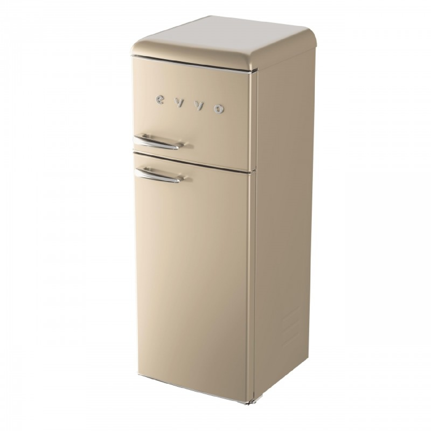 Un refrigerador color crema, estilo retro, con dos puertas y tiradores plateados.