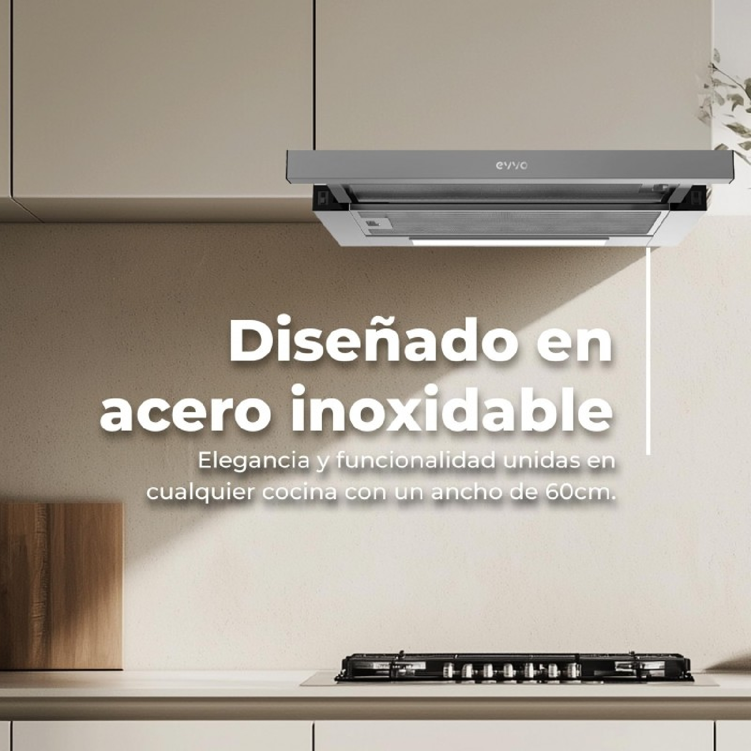 Campana extractora de acero inoxidable sobre placa de gas en cocina moderna.