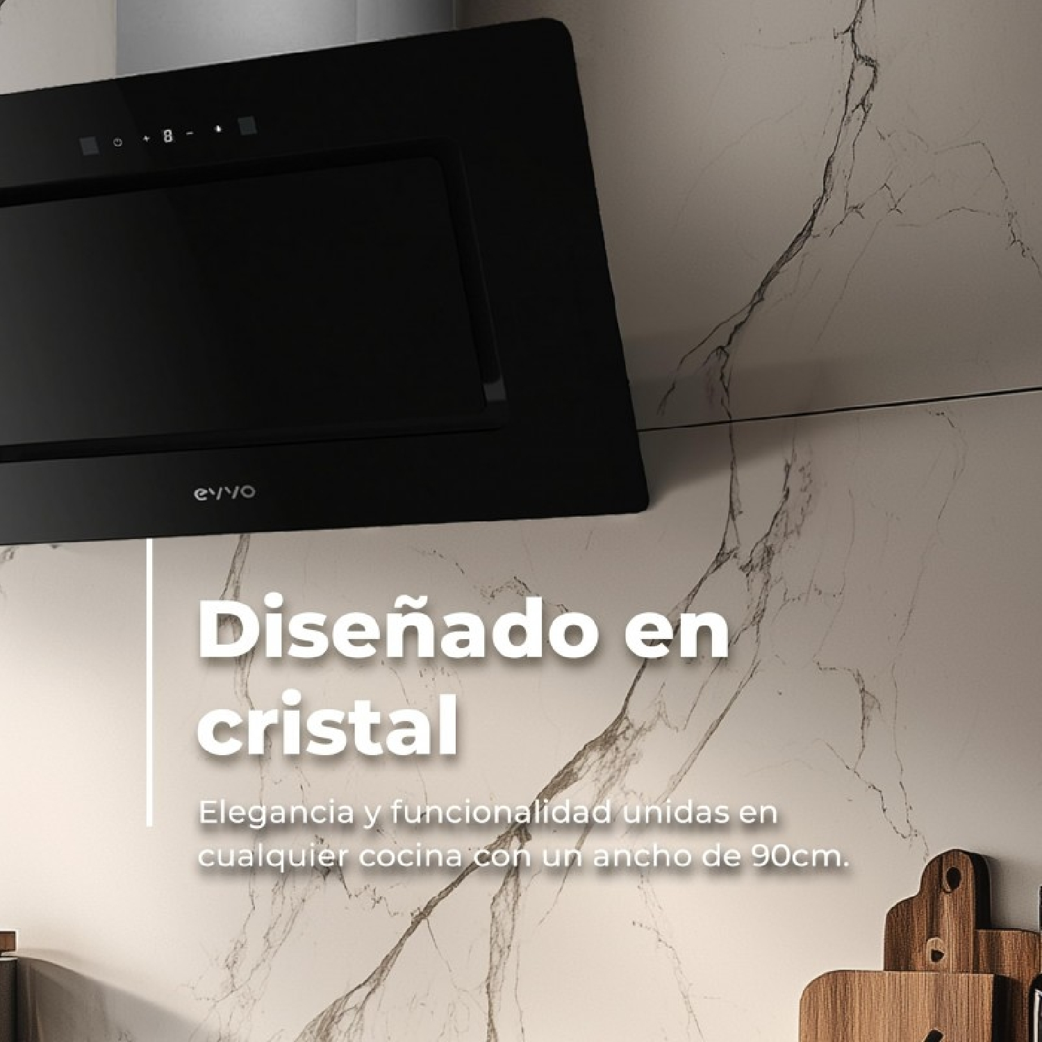 Campana extractora negra con pantalla táctil sobre baldosas de mármol.