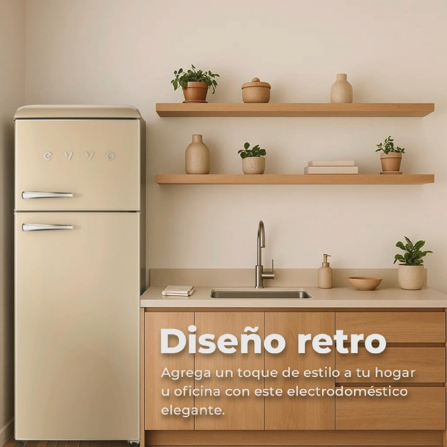 Un frigorifero beige stile retrò accanto a un lavello e mobili in legno.