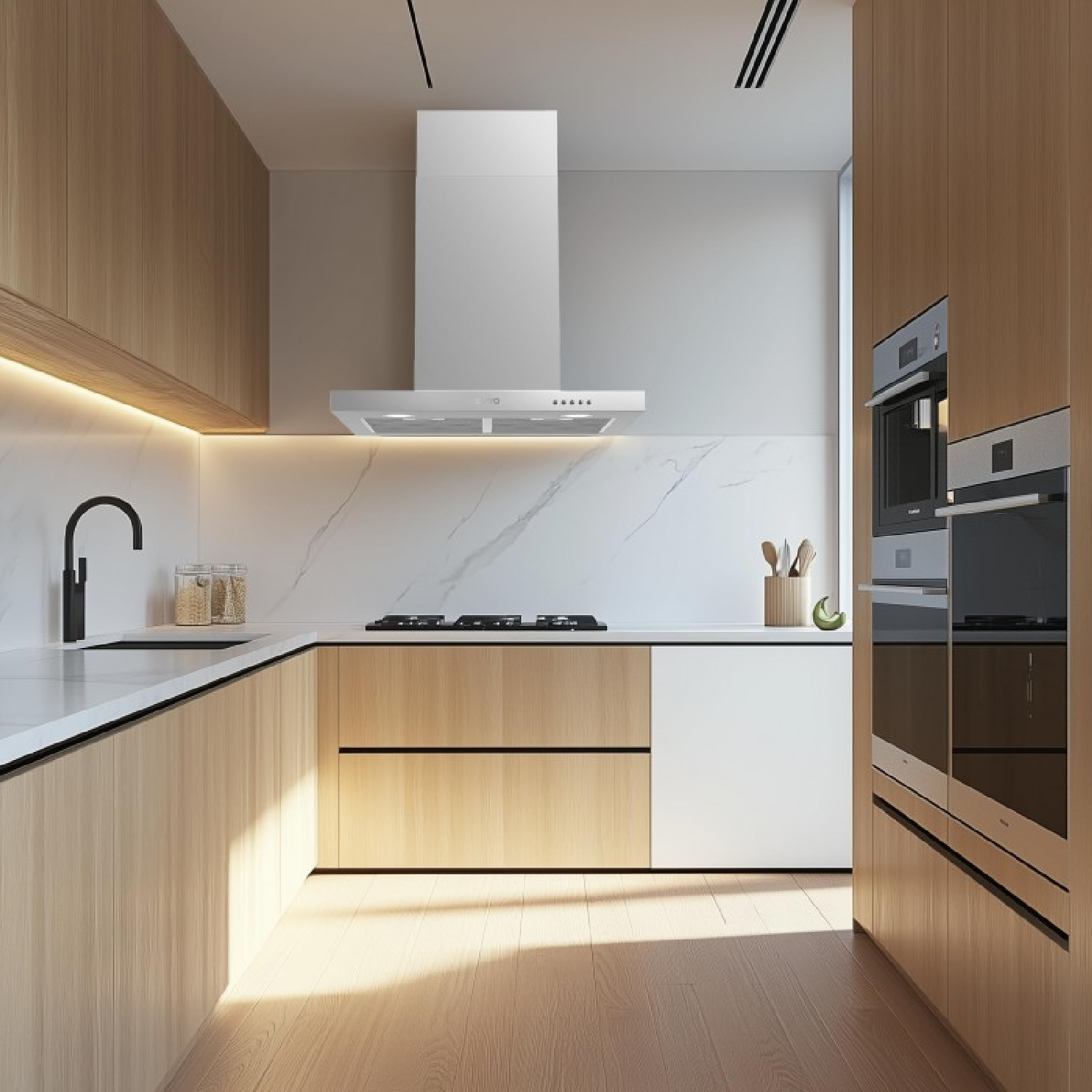 Cucina moderna in legno con alzatina in marmo, lavello, fornelli e forni.