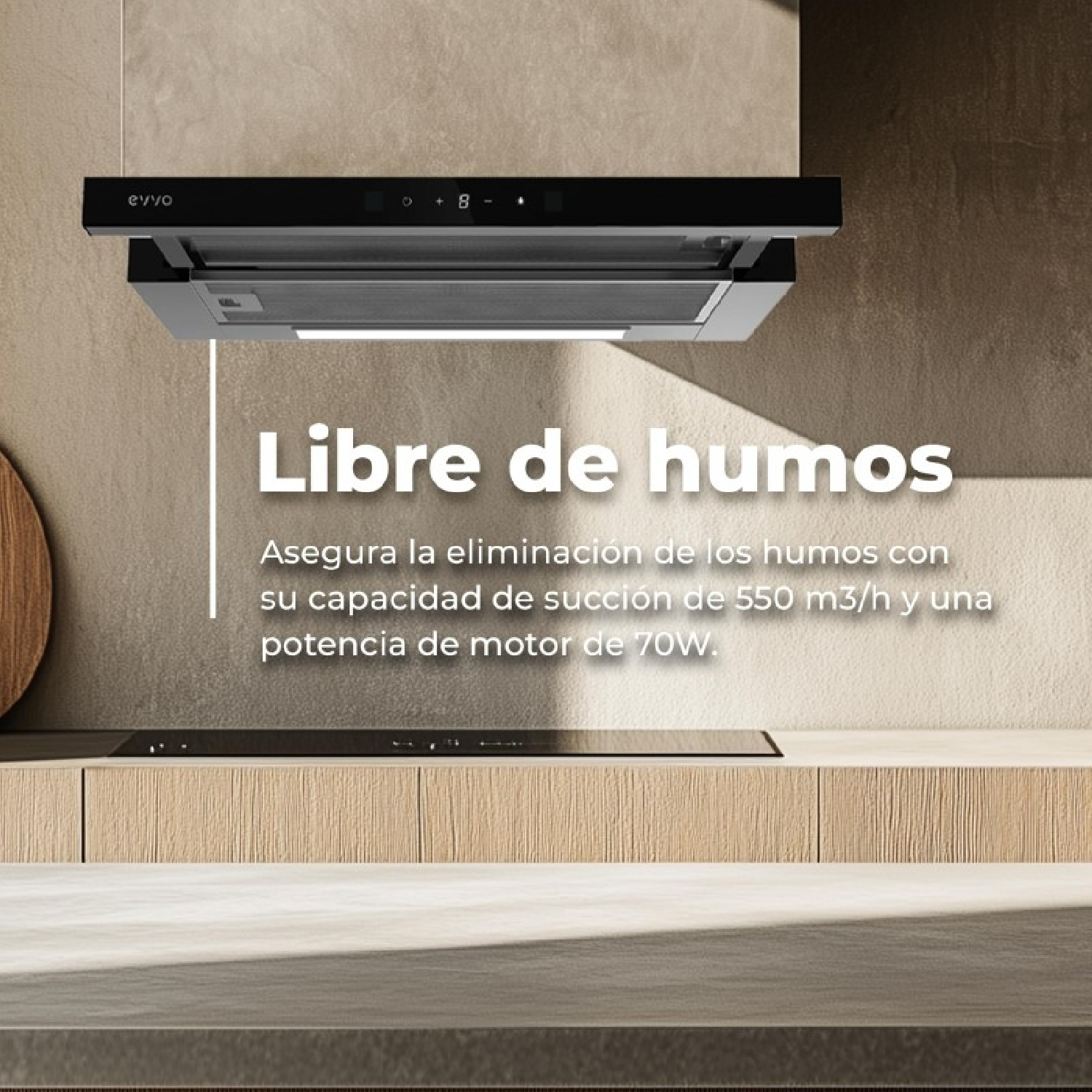 Cocina moderna con campana extractora negra sobre vitrocerámica. Texto: 'Libre de humos'.