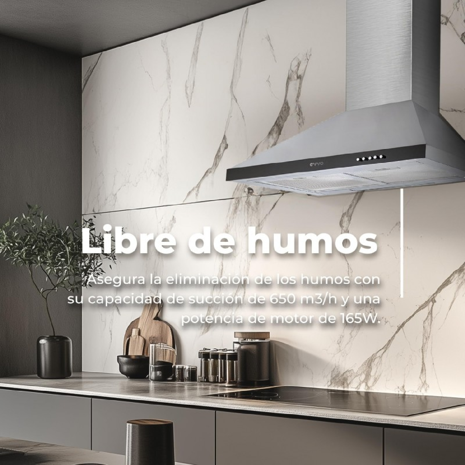 Campana extractora de acero inoxidable sobre placa de inducción en cocina moderna.