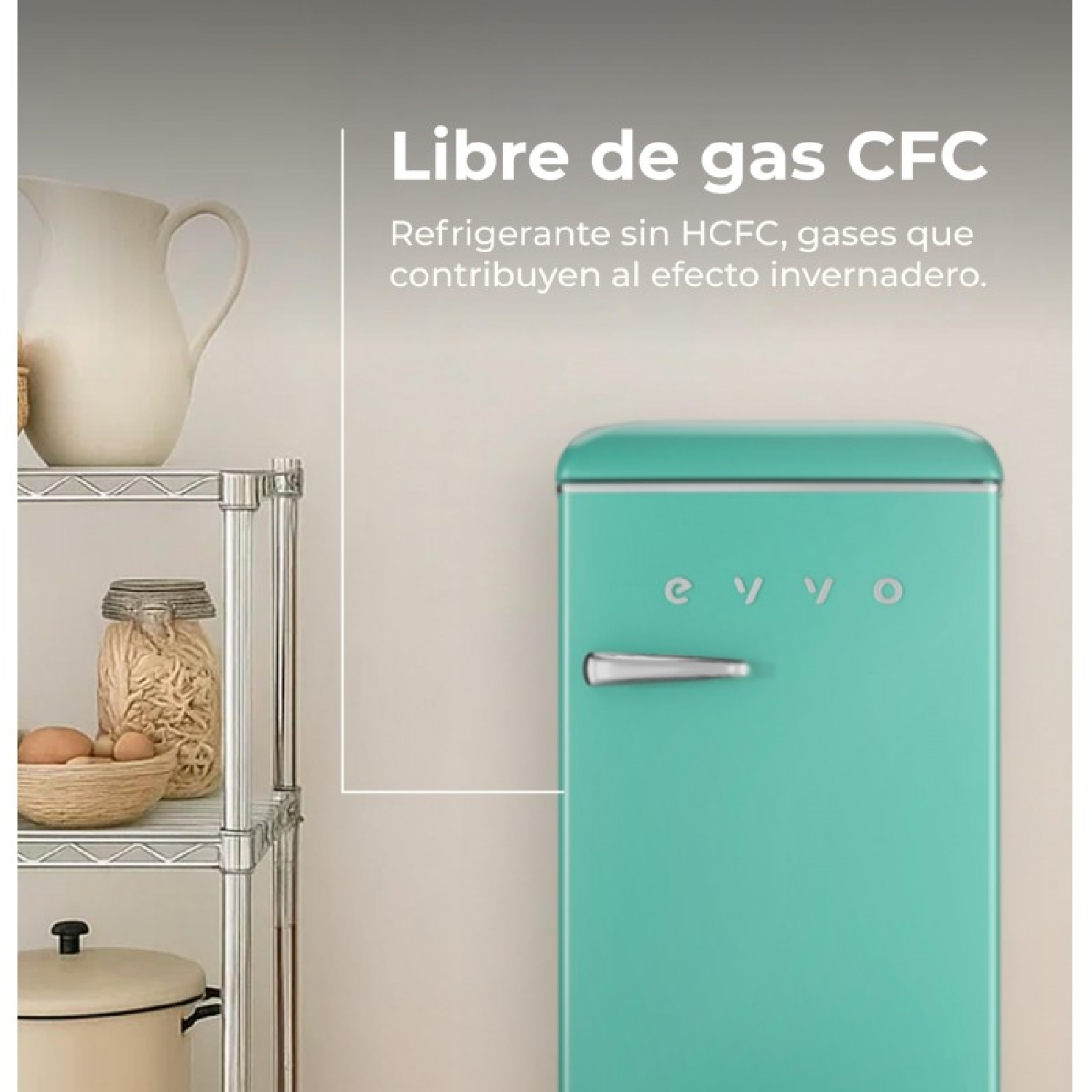 Frigorifero turchese accanto a uno scaffale con cibo. Testo: Libero da gas CFC.