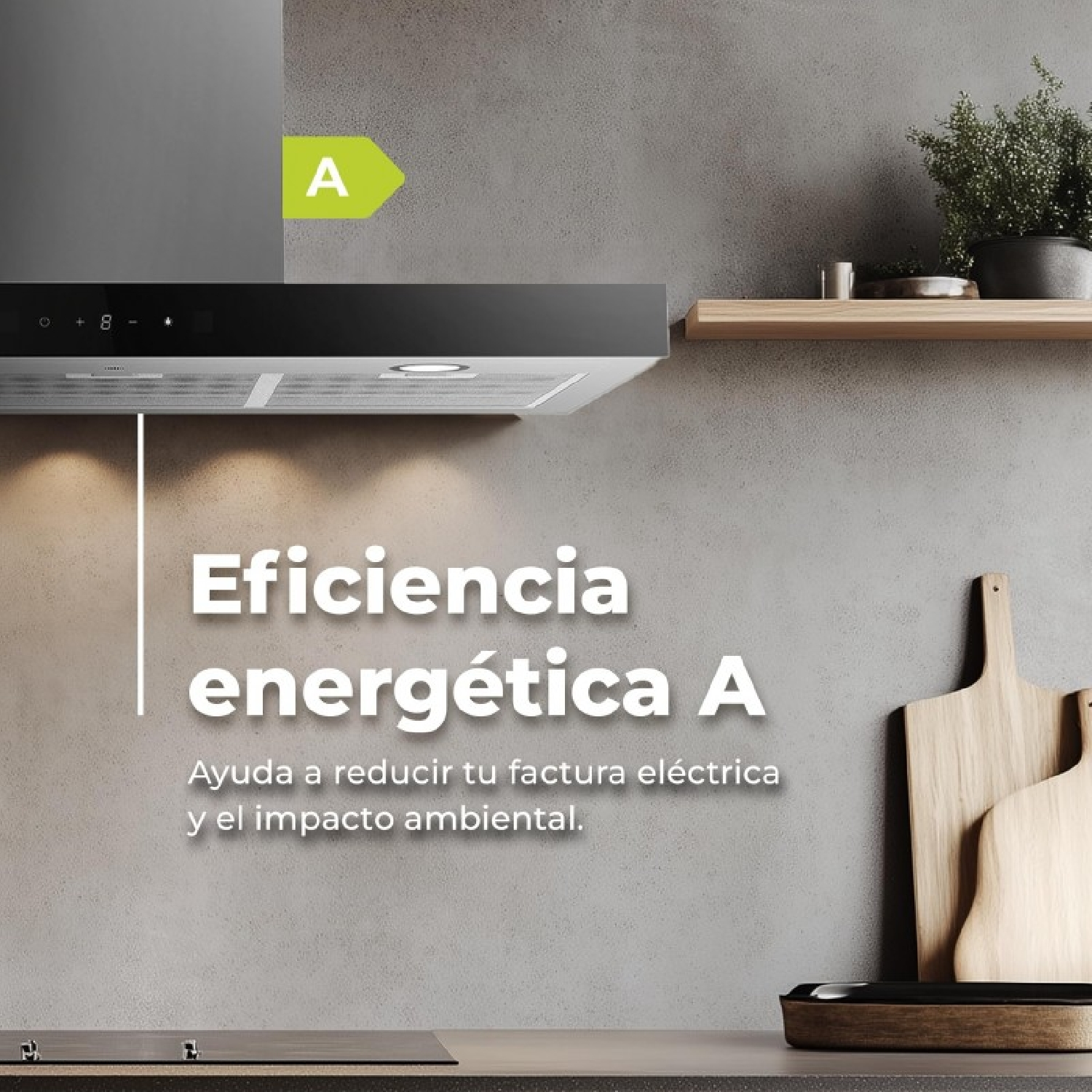 Cappa con efficienza energetica A, pannello di controllo e illuminazione.