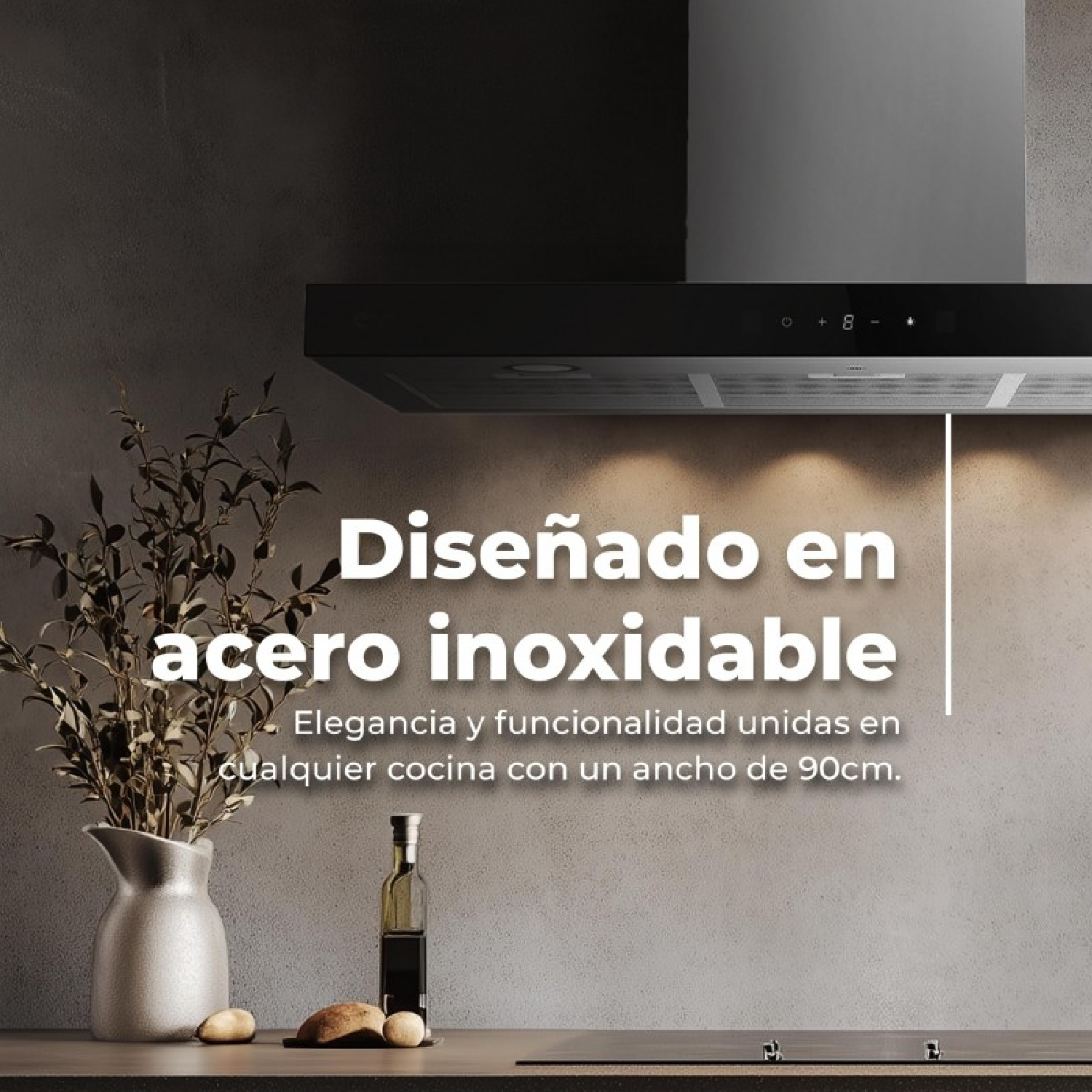 Cappa in acciaio inox con comandi digitali. Vaso decorativo con rami.
