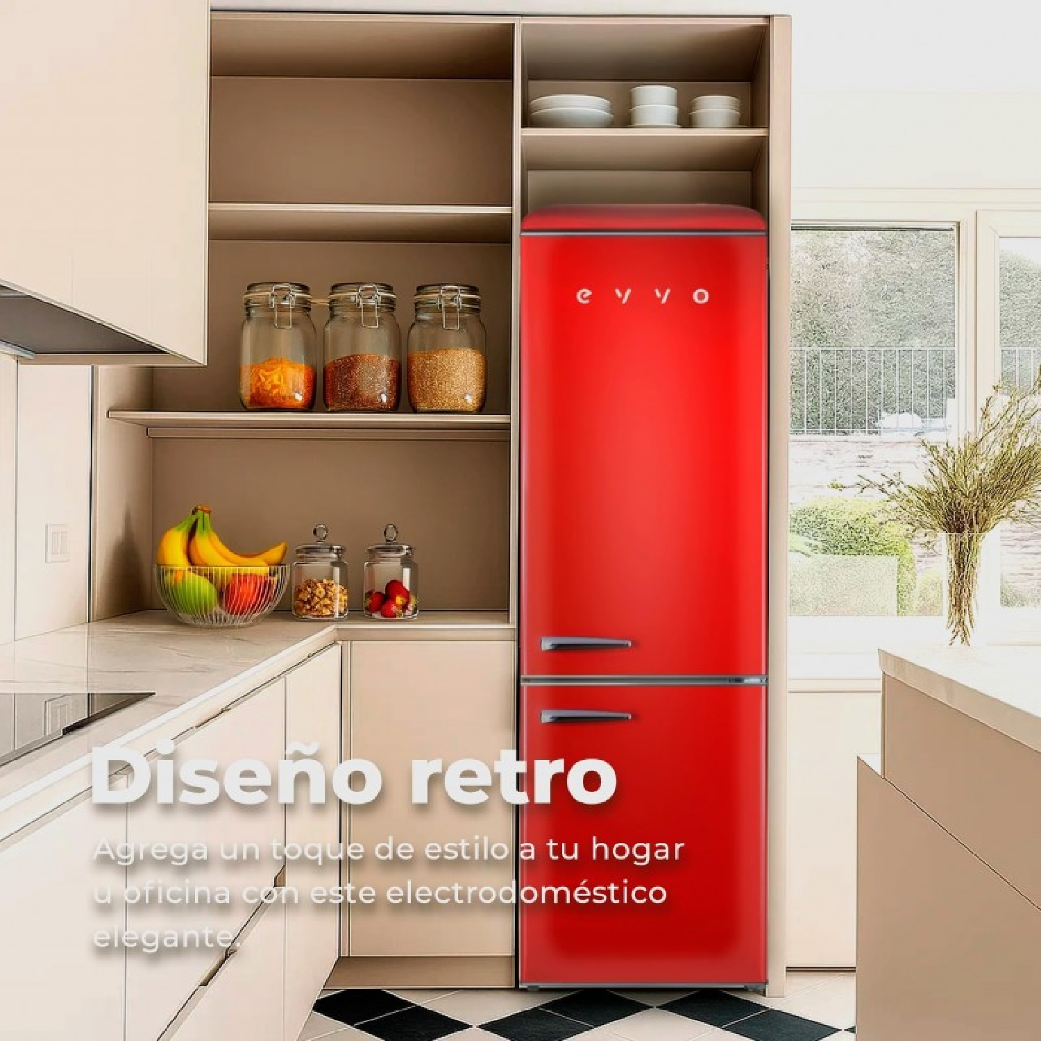 Un refrigerador rojo retro en una cocina moderna con frutas y frascos.
