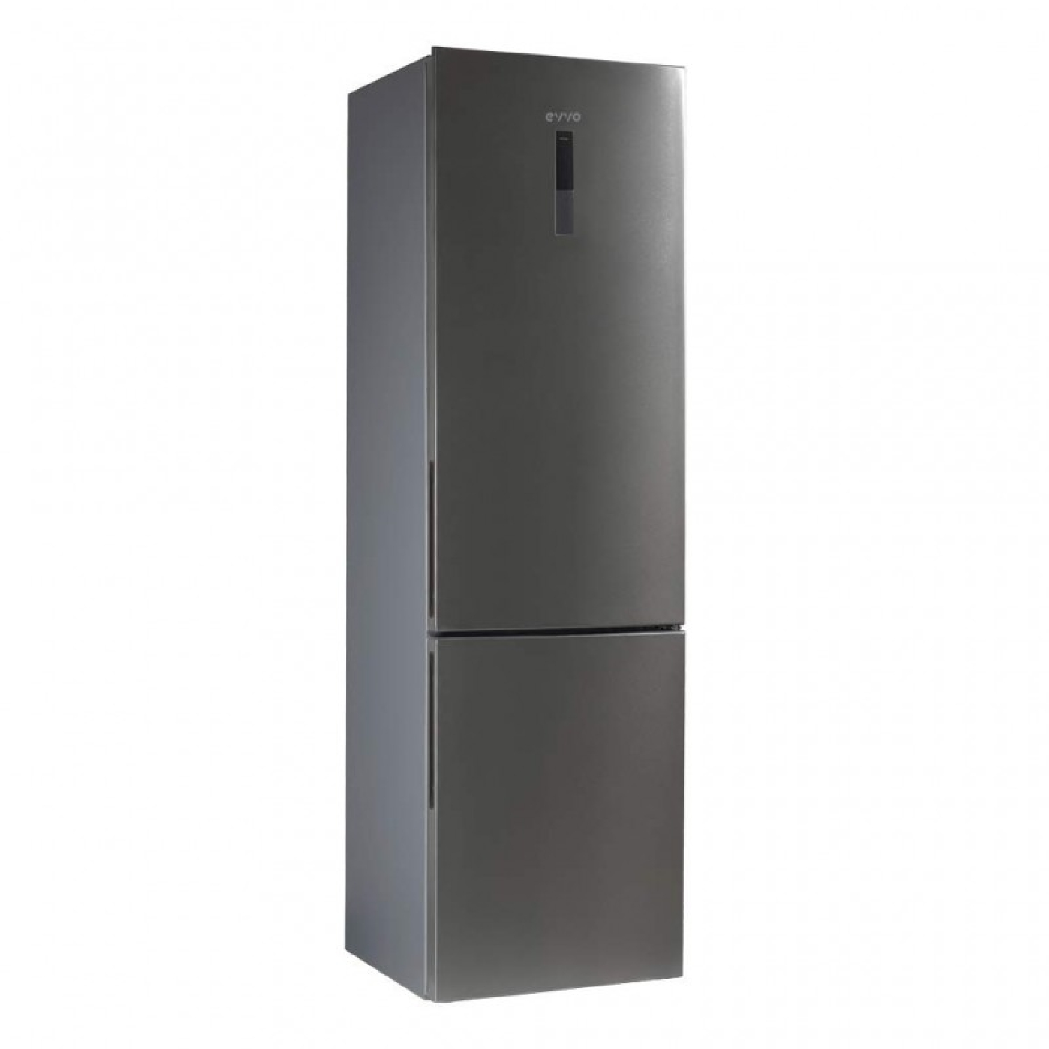 Un refrigerador elegante de dos puertas en gris carbón con panel vertical.