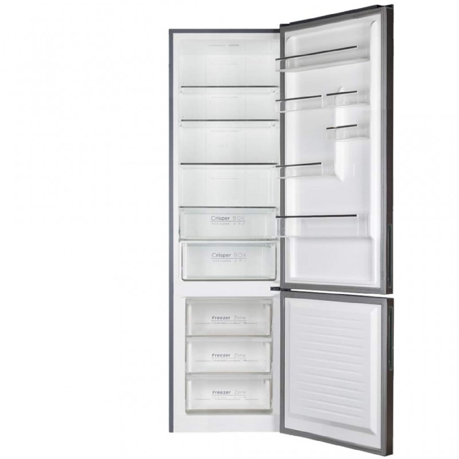 Refrigerador abierto con cajones para verduras y varios cajones congeladores.