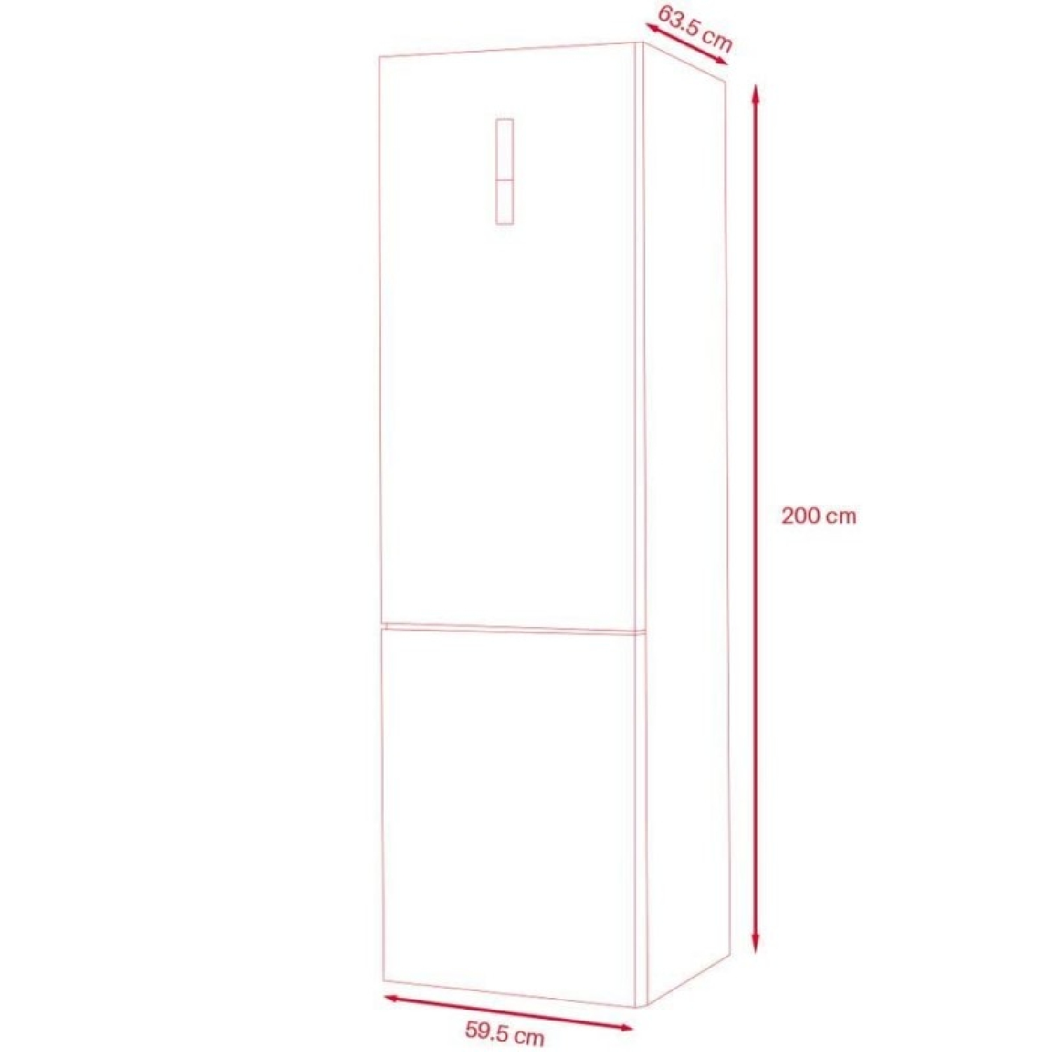 Un refrigerador blanco de 200x63,5x59,5 cm.