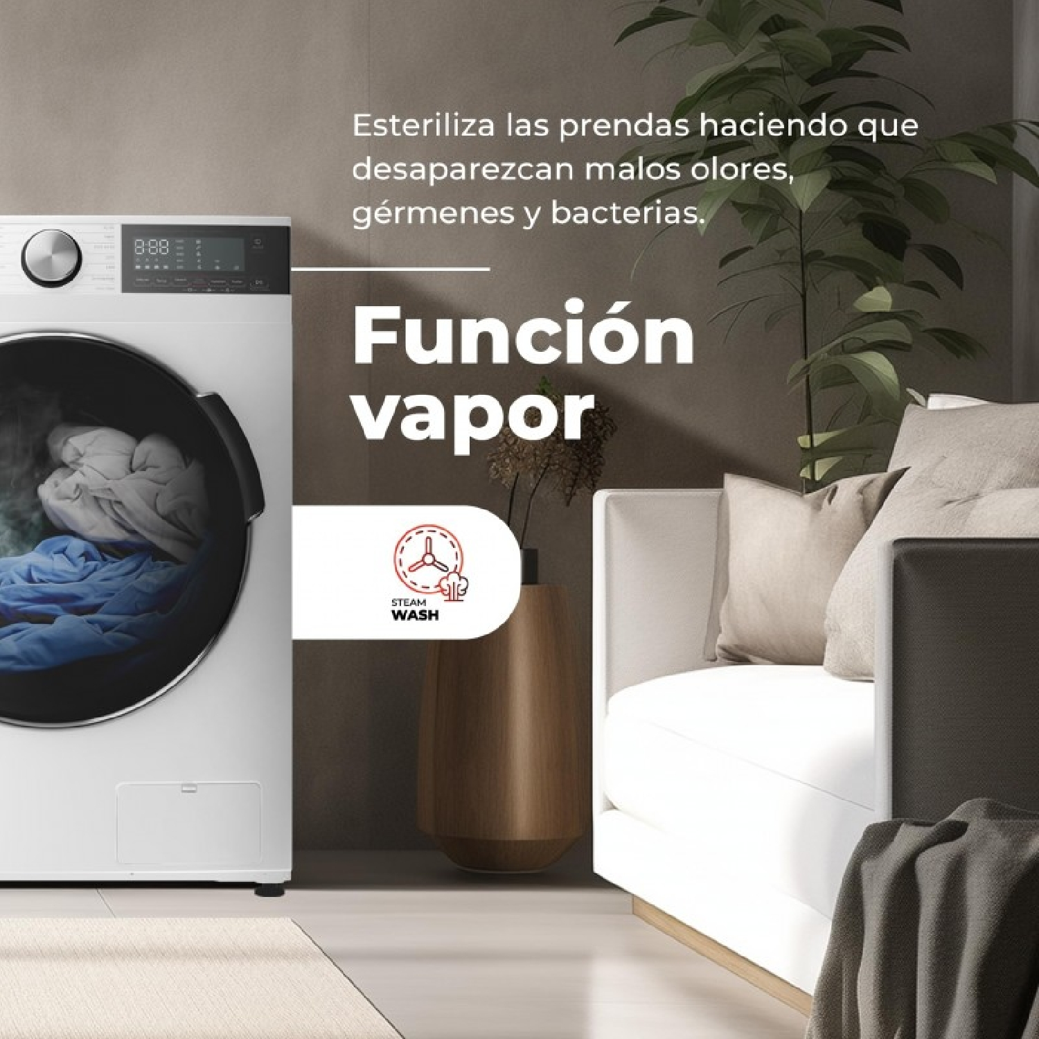 Una lavadora blanca con ropa humeante se encuentra junto a un sofá.