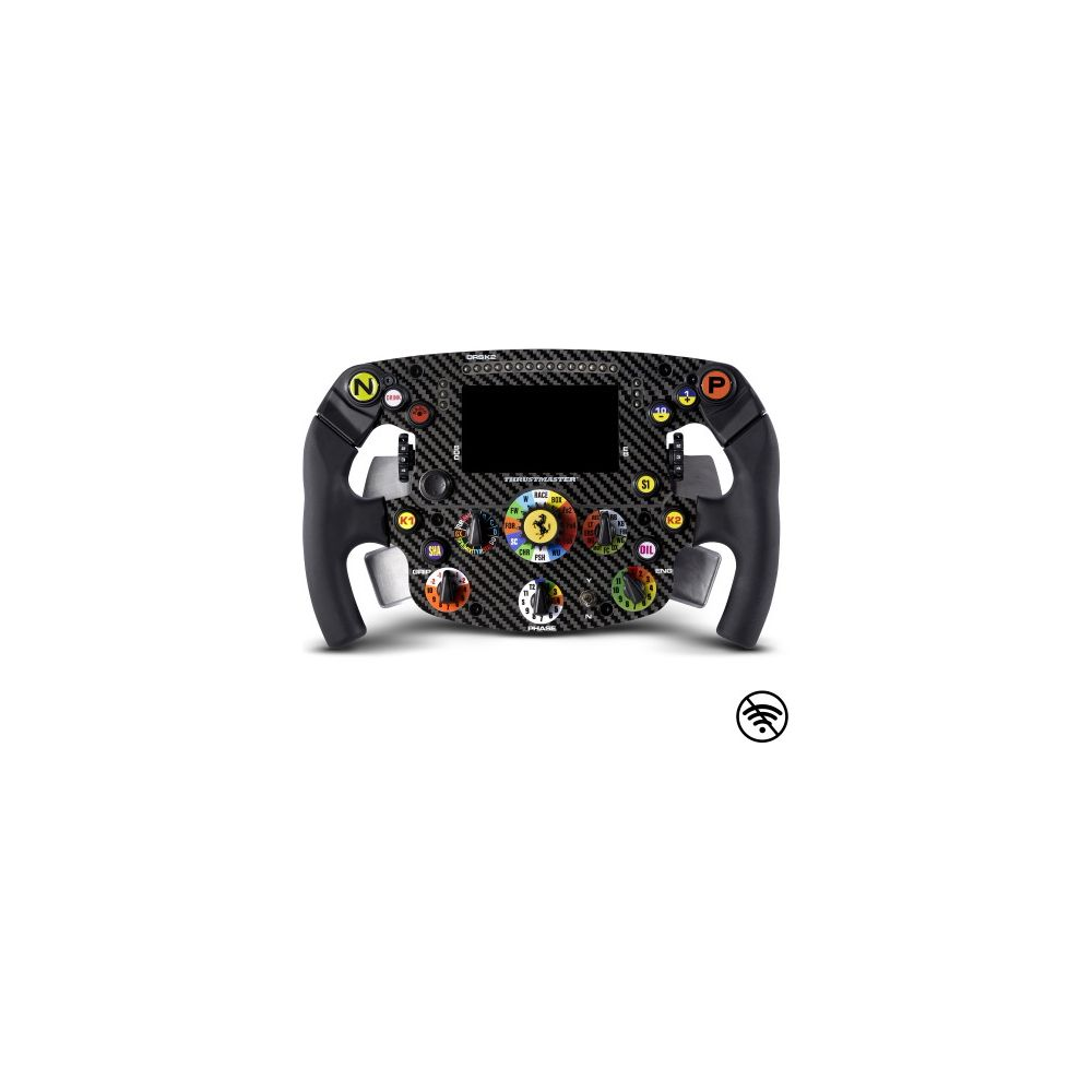 Ein schwarzes Rennlenkrad aus Carbon mit Knöpfen, einem Bildschirm und dem Ferrari-Logo.