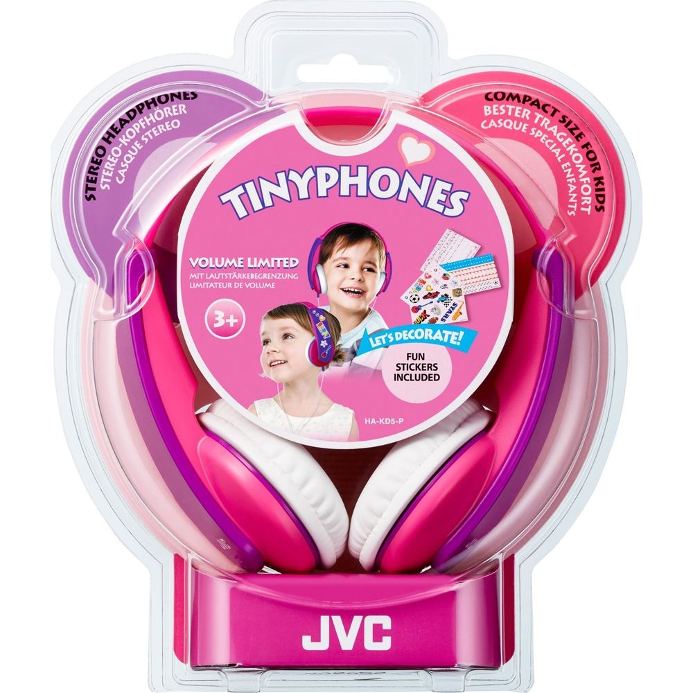 Rosa JVC Tinyphones Kopfhörer für Kinder, mit Lautstärkebegrenzung und Stickern.