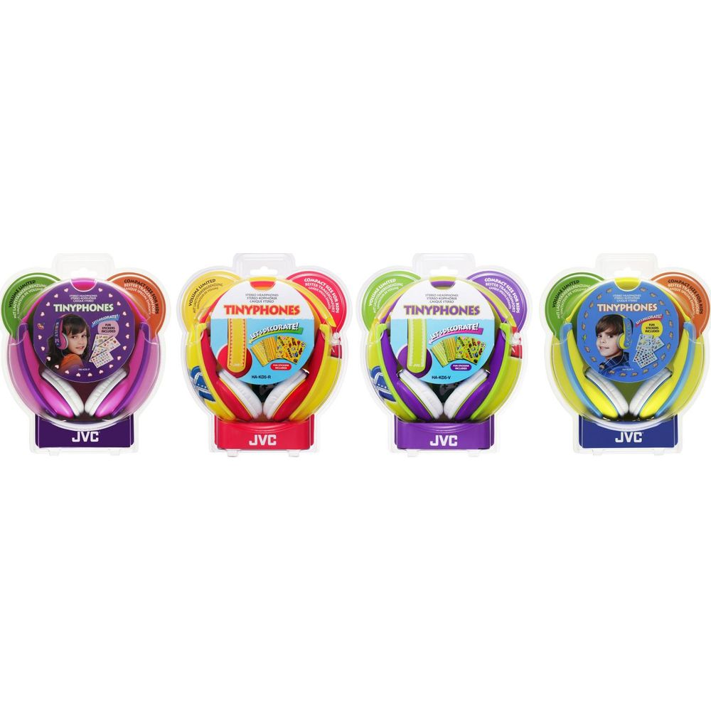 Vier JVC Tinyphones-Kopfhörer-Verpackungen in verschiedenen Farben.