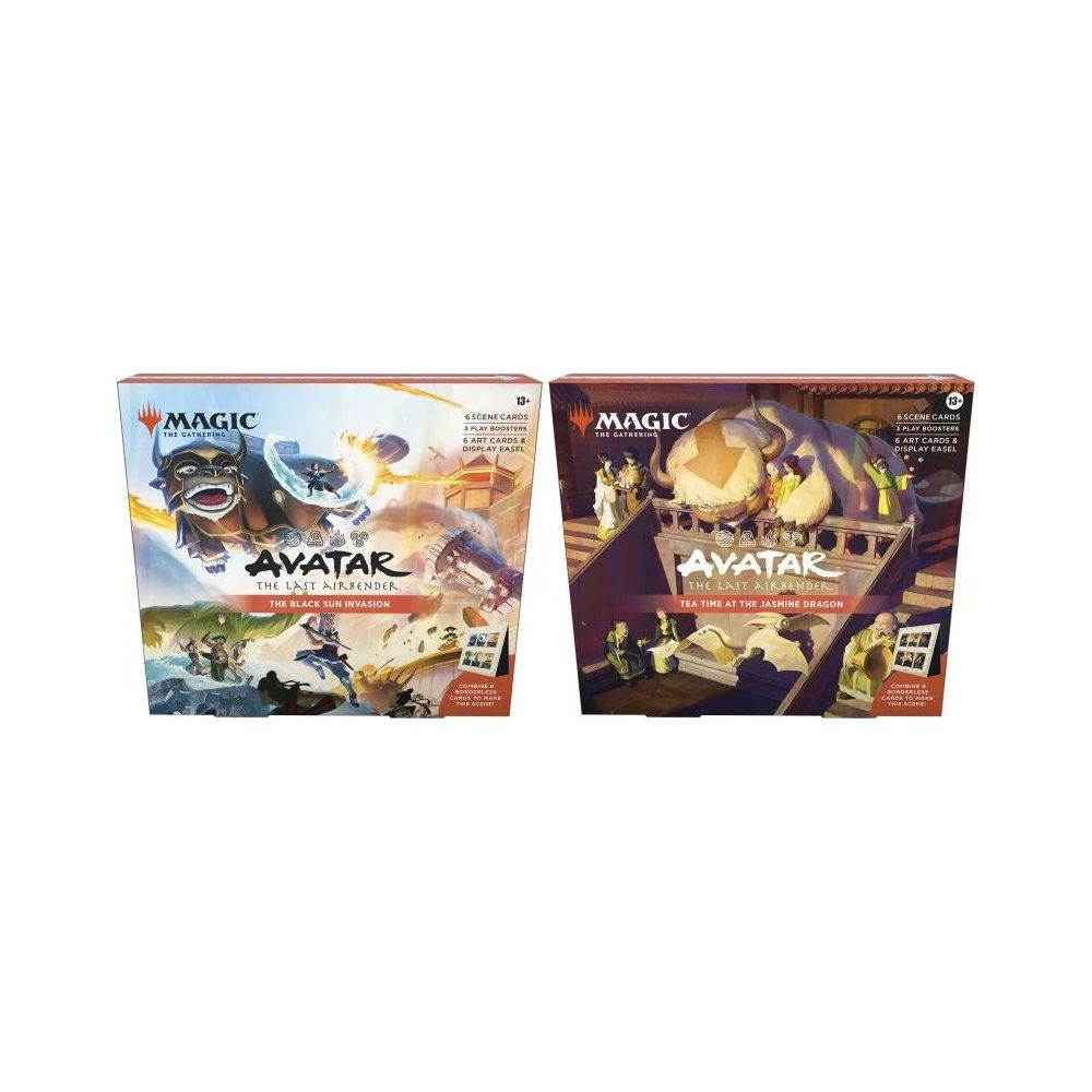 Zwei Magic: The Gathering Avatar-Spielboxen: Schwarze Sonne Invasion & Teezeit am Jasmin Drachen.