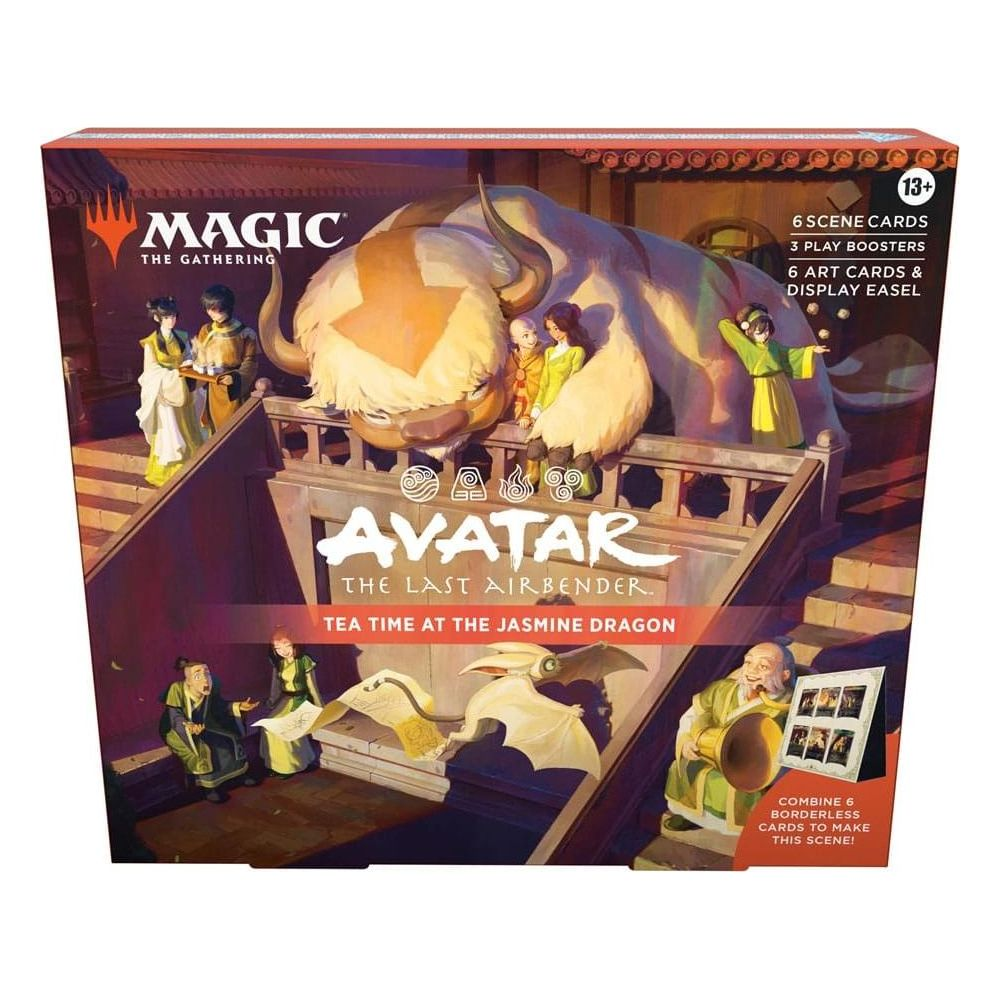 Magic: The Gathering Avatar Box zeigt Appa mit Aang und Freunden, die Tee trinken.