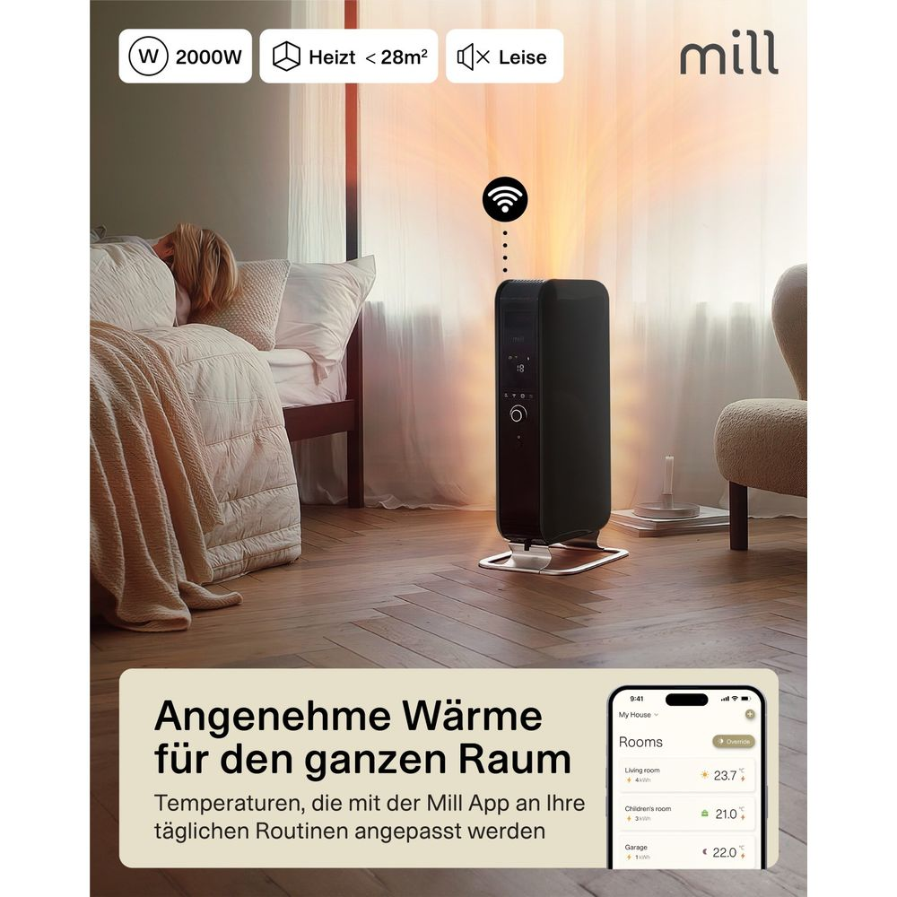 Ein schwarzer Heizkörper steht in einem Schlafzimmer neben einem Bett. Eine App wird gezeigt.