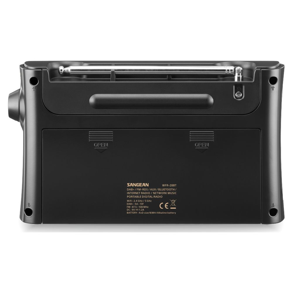 Radio Sangean WFR-28BT noire avec antenne extensible et étiquettes.