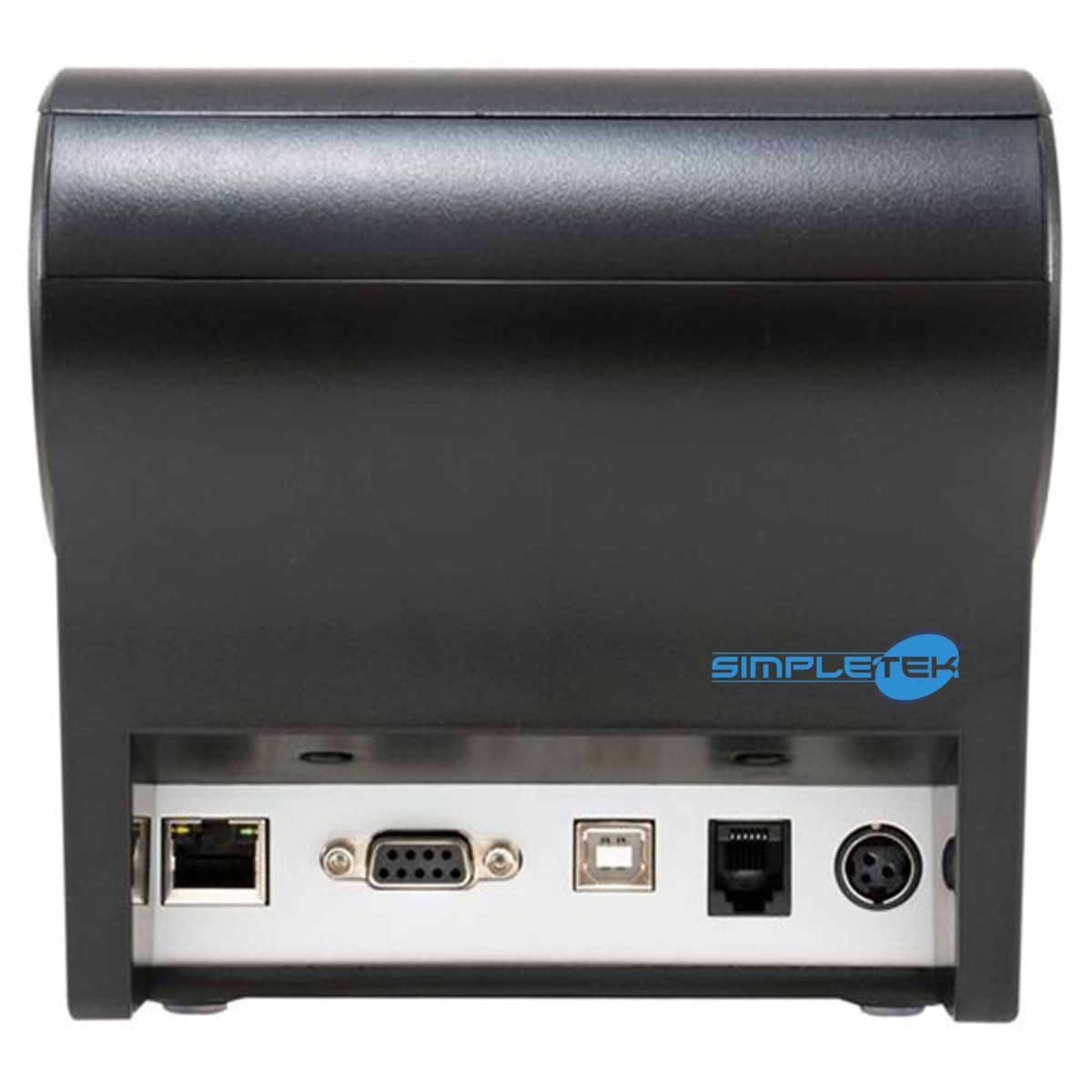 Rückseite eines schwarzen Druckers mit Anschlüssen: Ethernet, seriell, USB, Ethernet, XLR.
