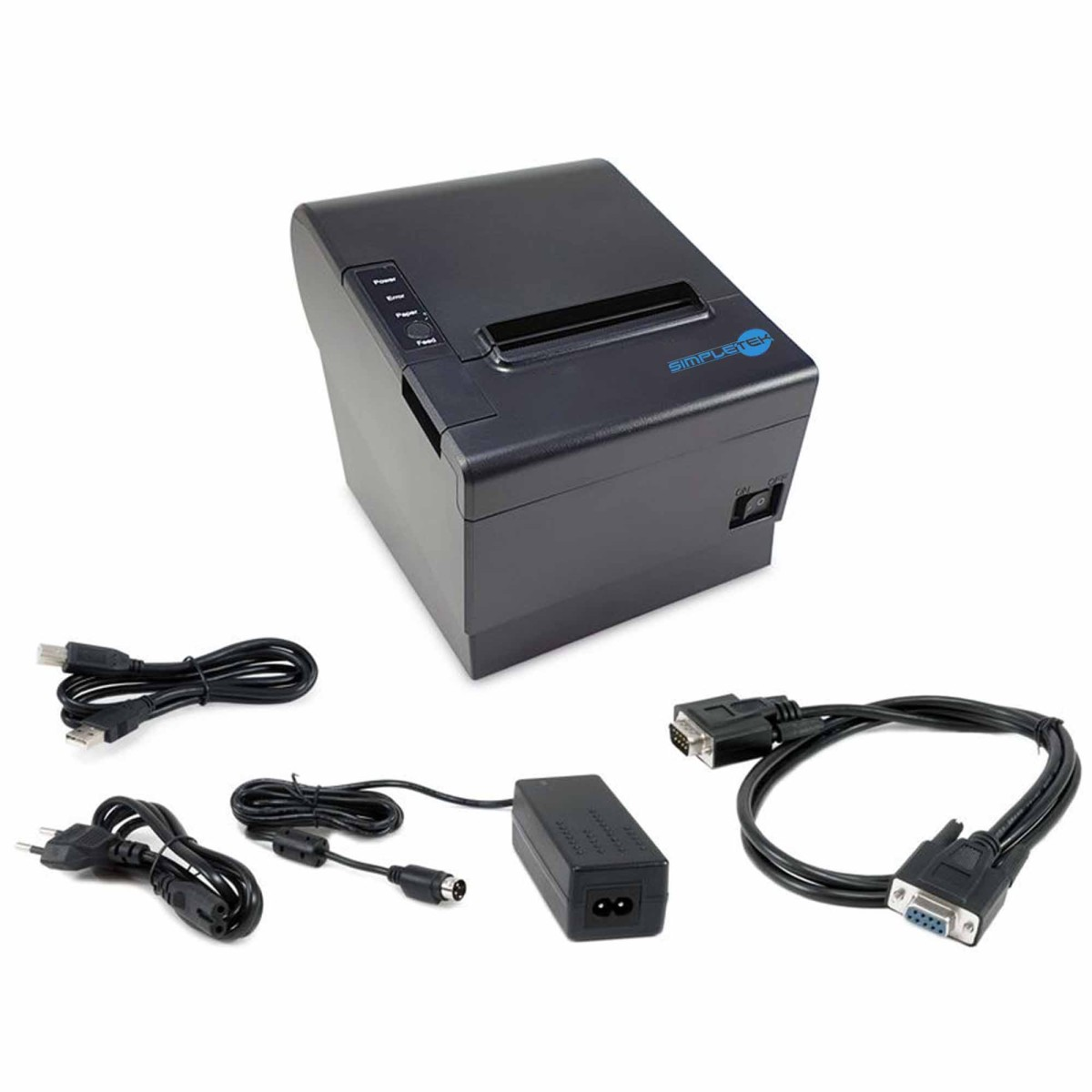 Schwarzer Thermodrucker mit Netzteil, USB- und seriellen Kabeln auf weißem Hintergrund.